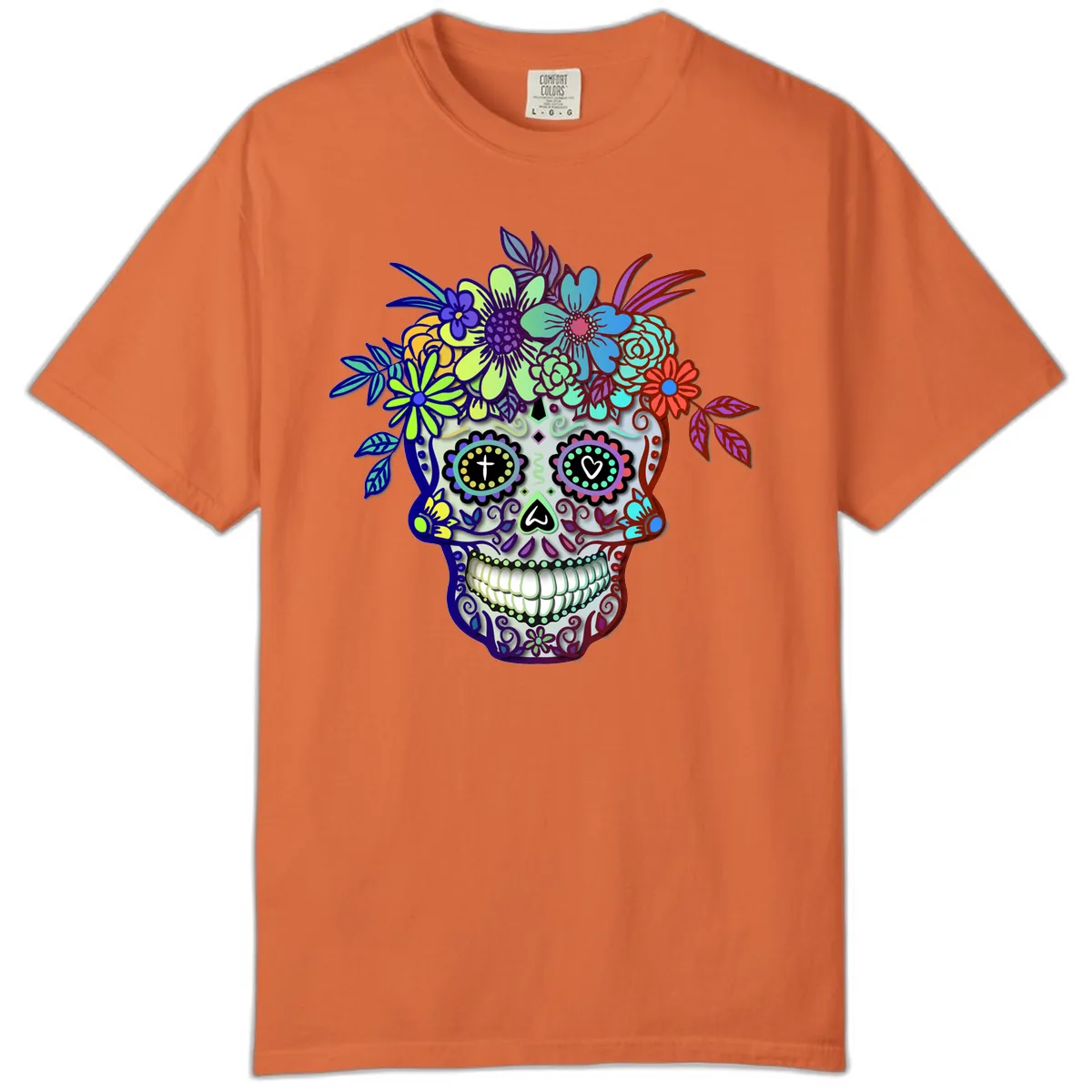 Vibrant Floral Crown Calavera Sugar Skull Comfort Color in Burnt Orange