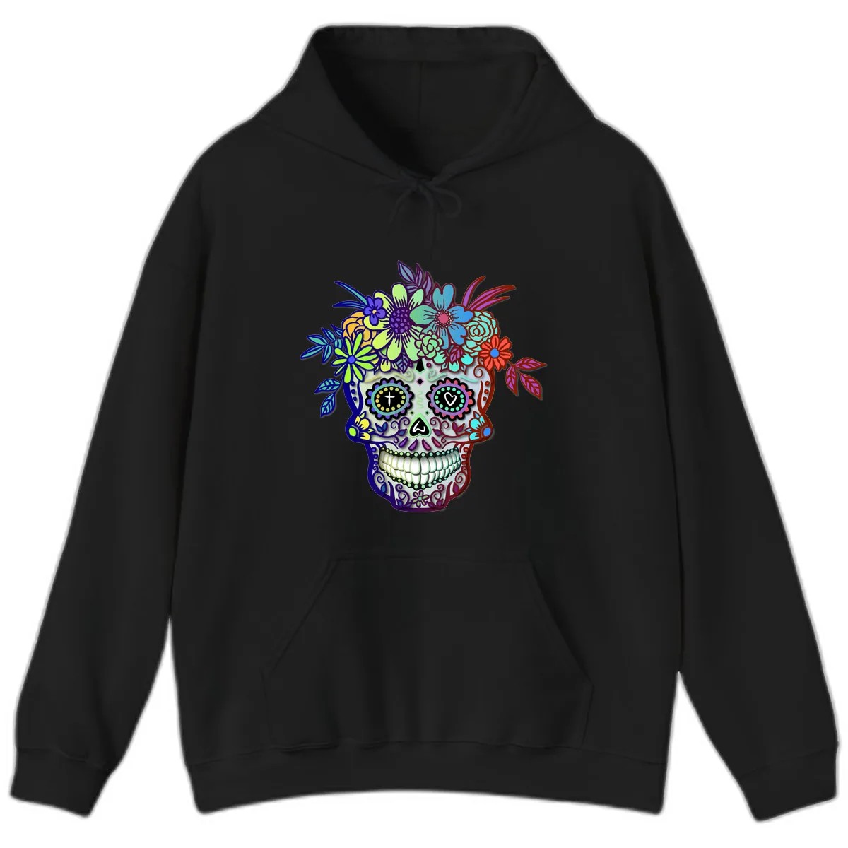 Vibrant Floral Crown Calavera Sugar Skull Hoodie in Black