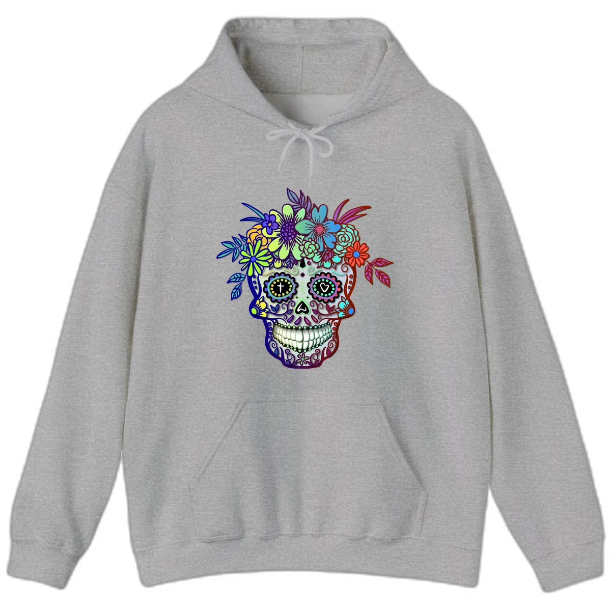 Vibrant Floral Crown Calavera Sugar Skull Hoodie in Sport Grey