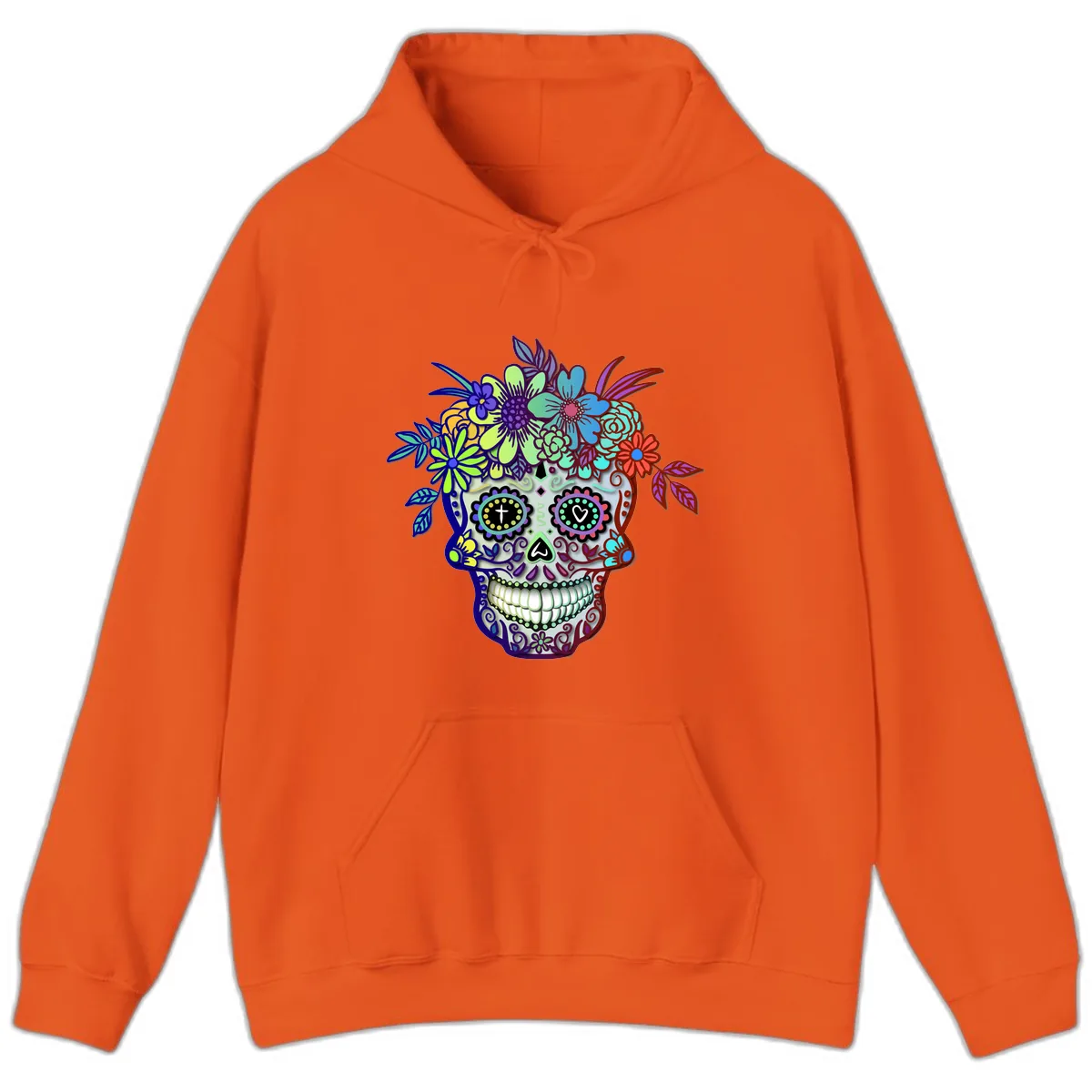 Vibrant Floral Crown Calavera Sugar Skull Hoodie in Orange