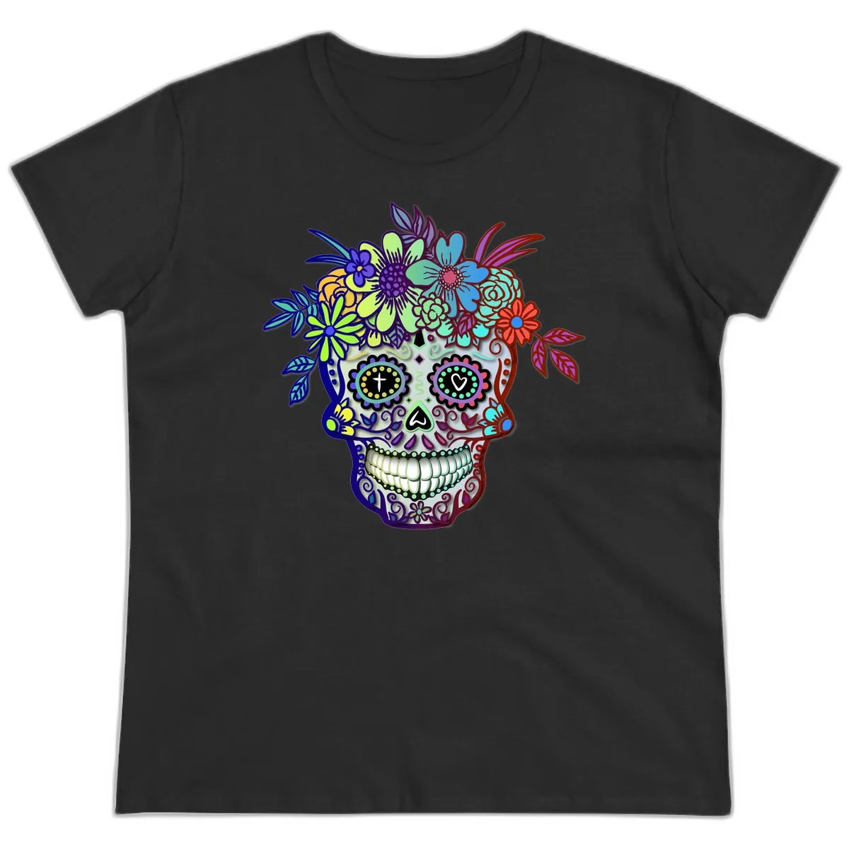 Vibrant Floral Crown Calavera Sugar Skull Ladies Tee in Black