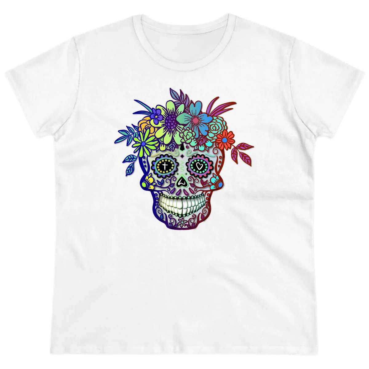 Vibrant Floral Crown Calavera Sugar Skull Ladies Tee in White
