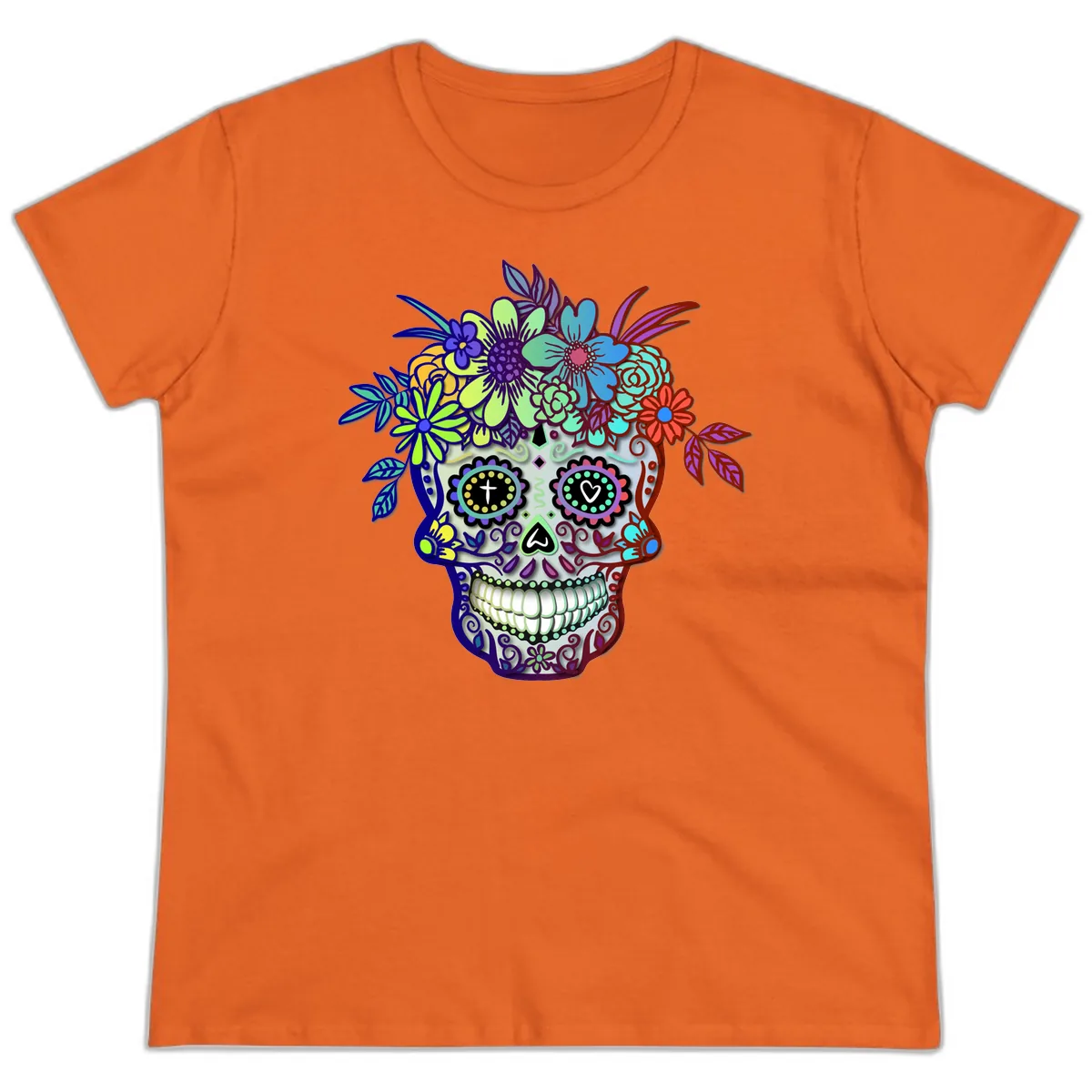 Vibrant Floral Crown Calavera Sugar Skull Ladies Tee in Orange