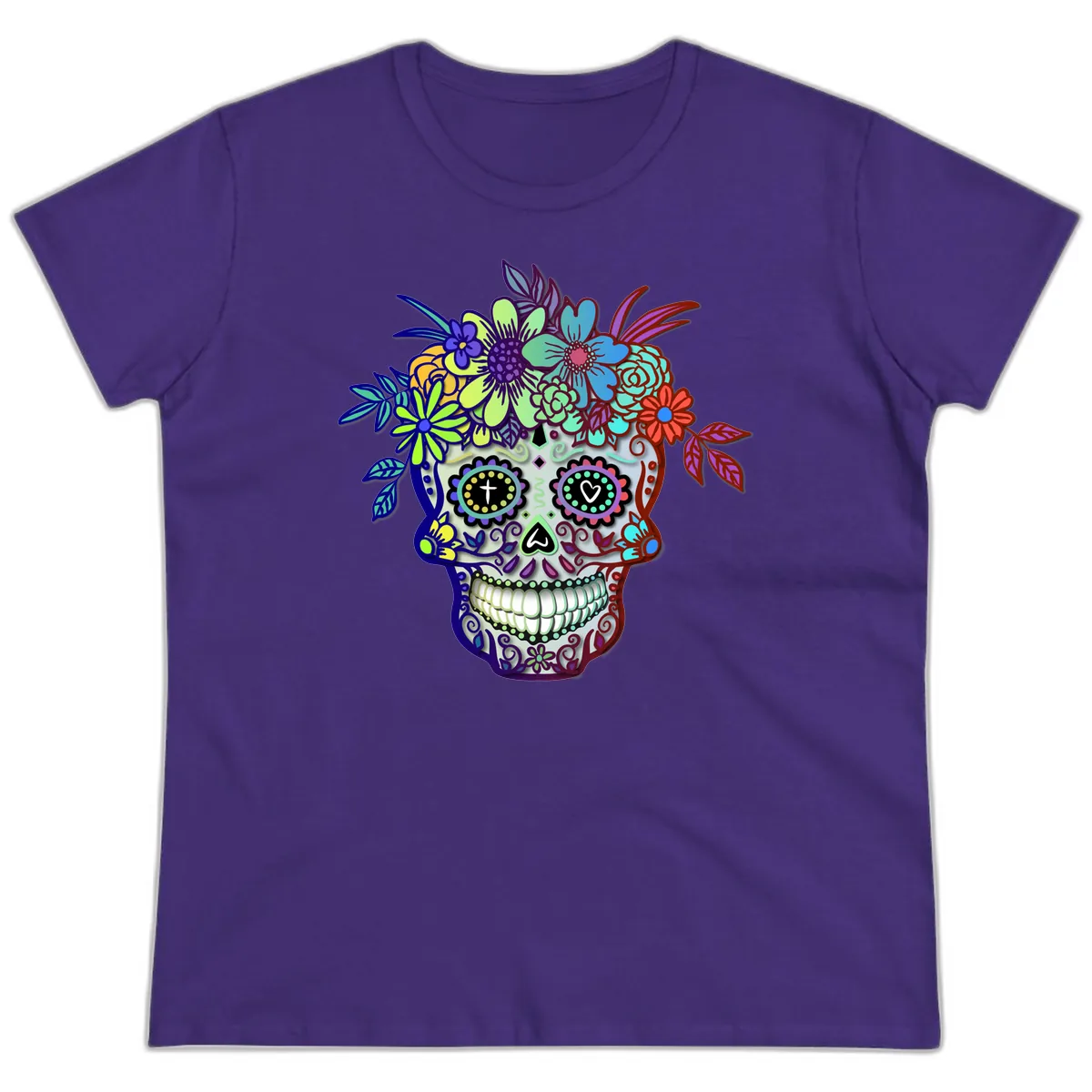 Vibrant Floral Crown Calavera Sugar Skull Ladies Tee in Purple
