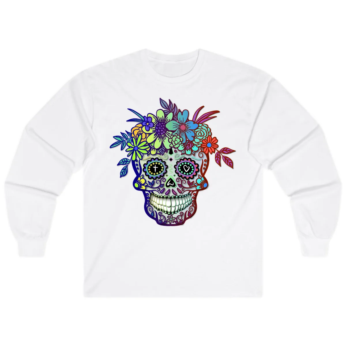 Vibrant Floral Crown Calavera Sugar Skull Long Sleeve in White