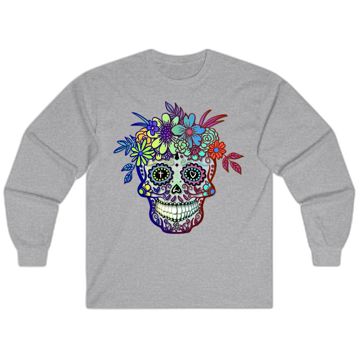 Vibrant Floral Crown Calavera Sugar Skull Long Sleeve in Sport Grey