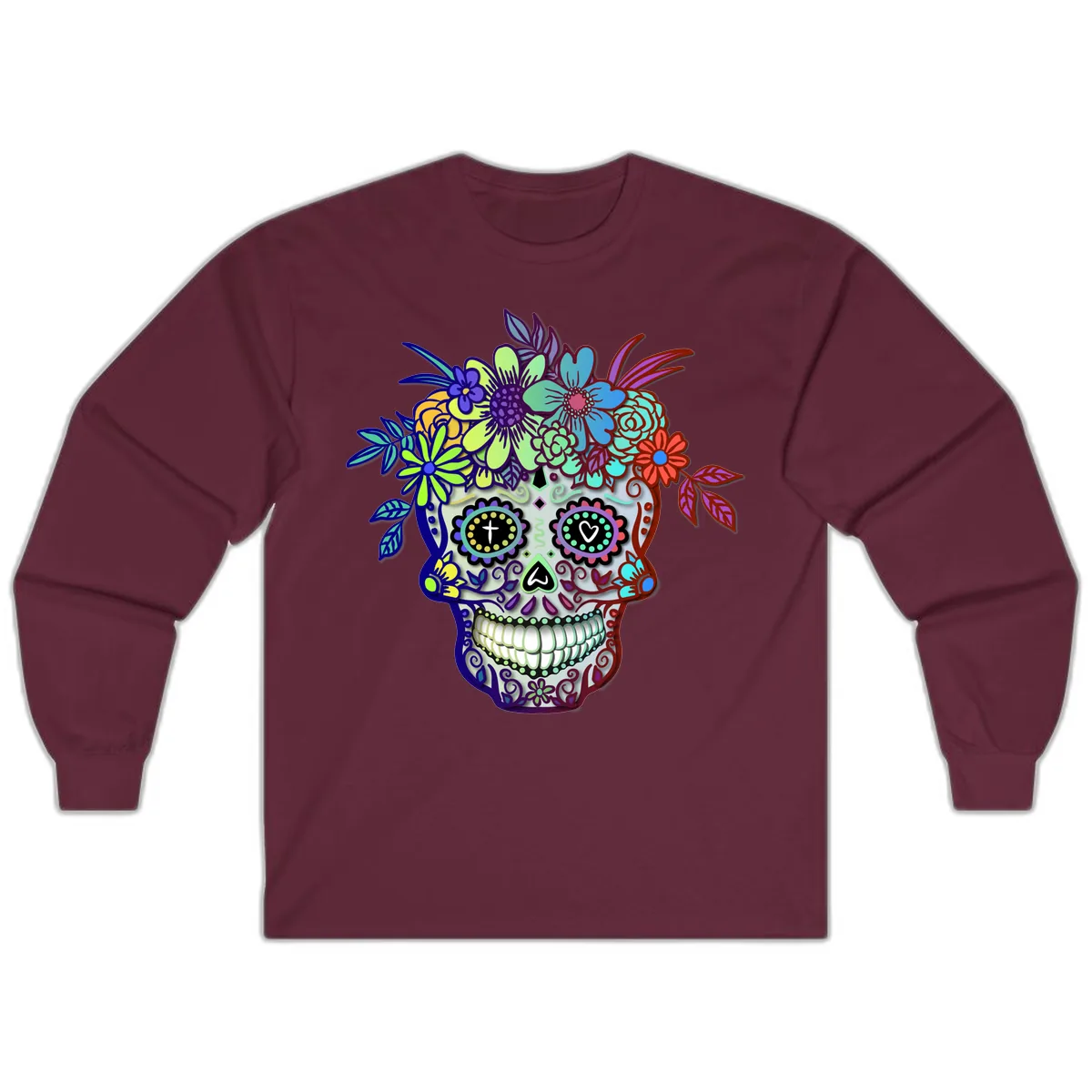Vibrant Floral Crown Calavera Sugar Skull Long Sleeve in Maroon