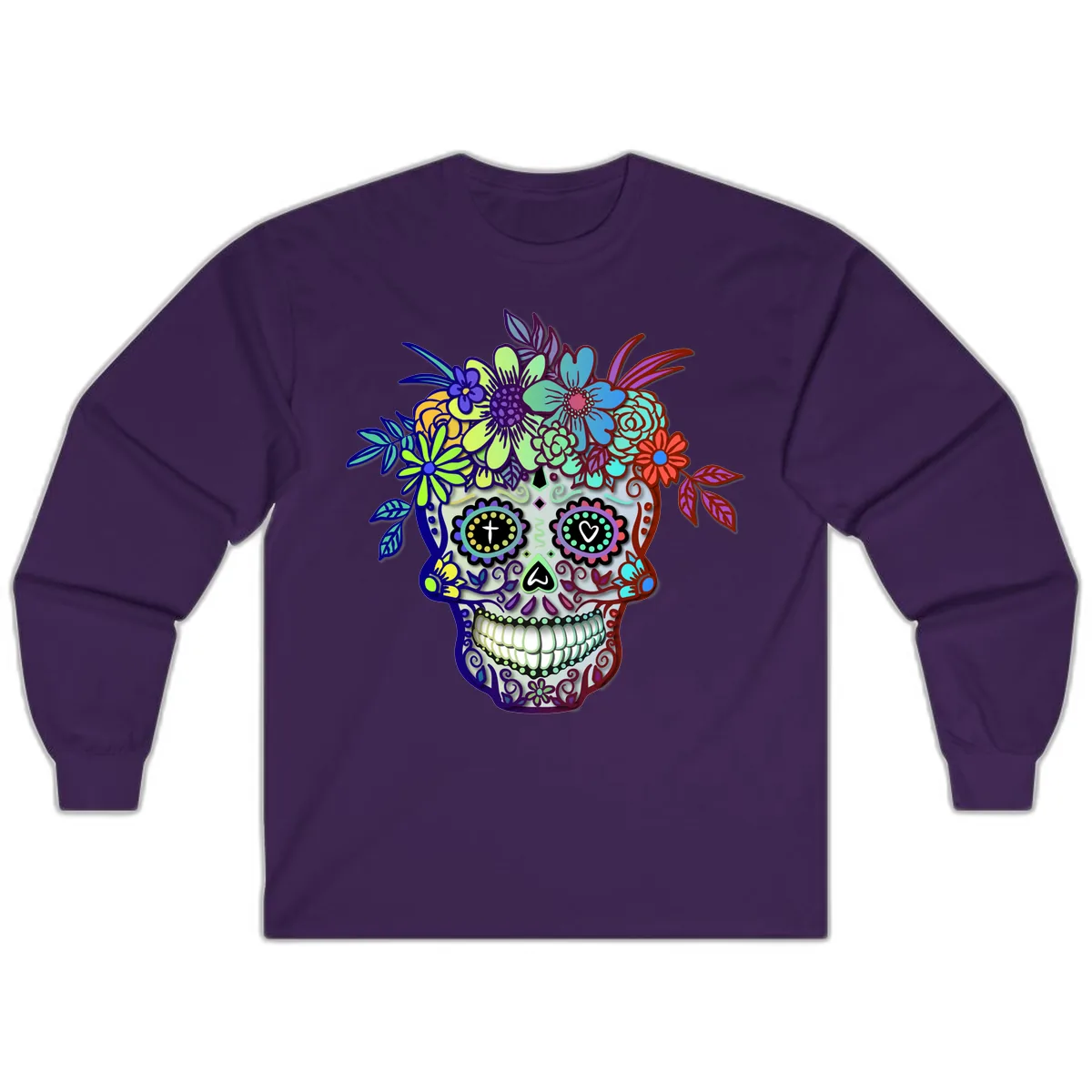 Vibrant Floral Crown Calavera Sugar Skull Long Sleeve in Purple