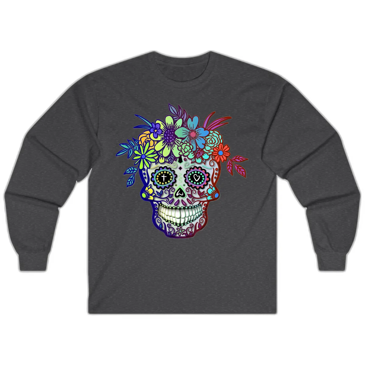 Vibrant Floral Crown Calavera Sugar Skull Long Sleeve in Dark Heather