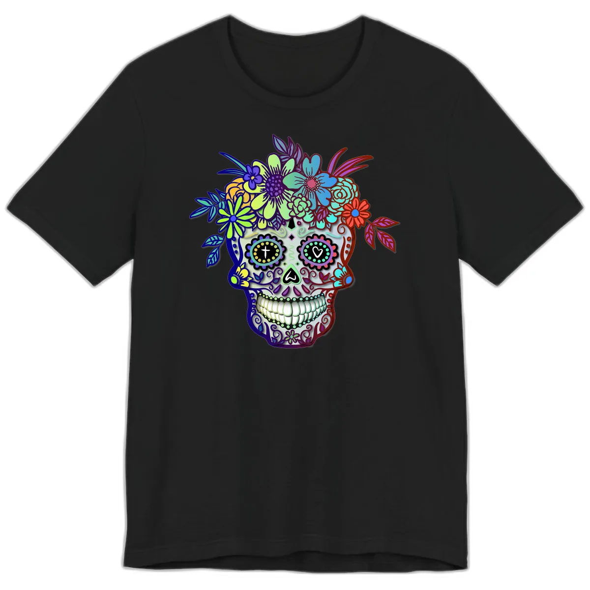 Vibrant Floral Crown Calavera Sugar Skull Premium T-Shirt in Black