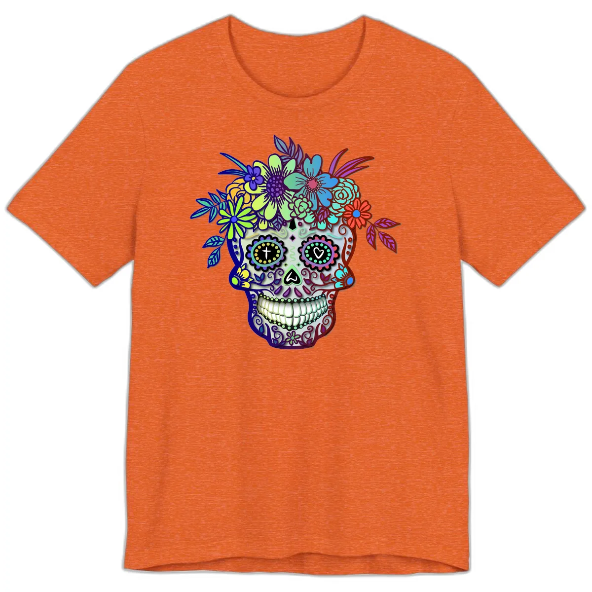 Vibrant Floral Crown Calavera Sugar Skull Premium T-Shirt in Heather Orange