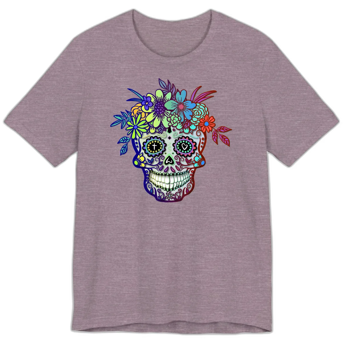Vibrant Floral Crown Calavera Sugar Skull Premium T-Shirt in Heather Purple