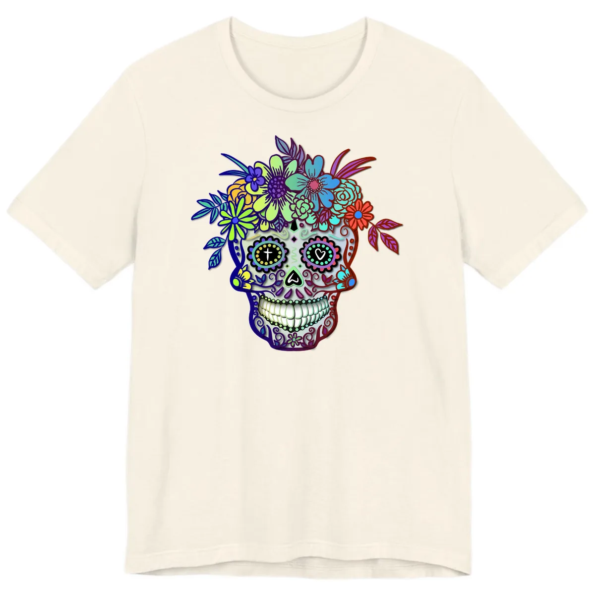 Vibrant Floral Crown Calavera Sugar Skull Premium T-Shirt in Natural
