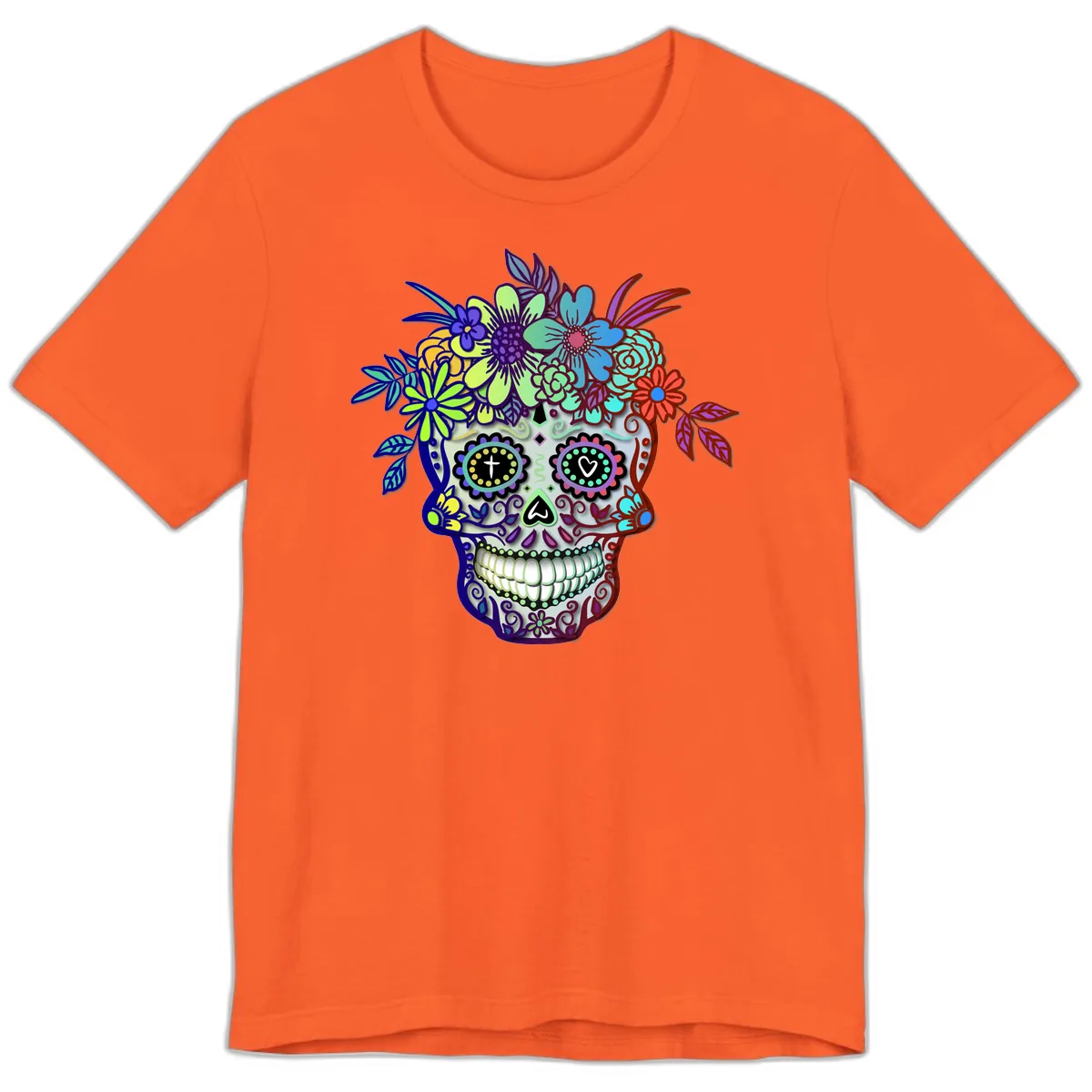 Vibrant Floral Crown Calavera Sugar Skull Premium T-Shirt in Orange