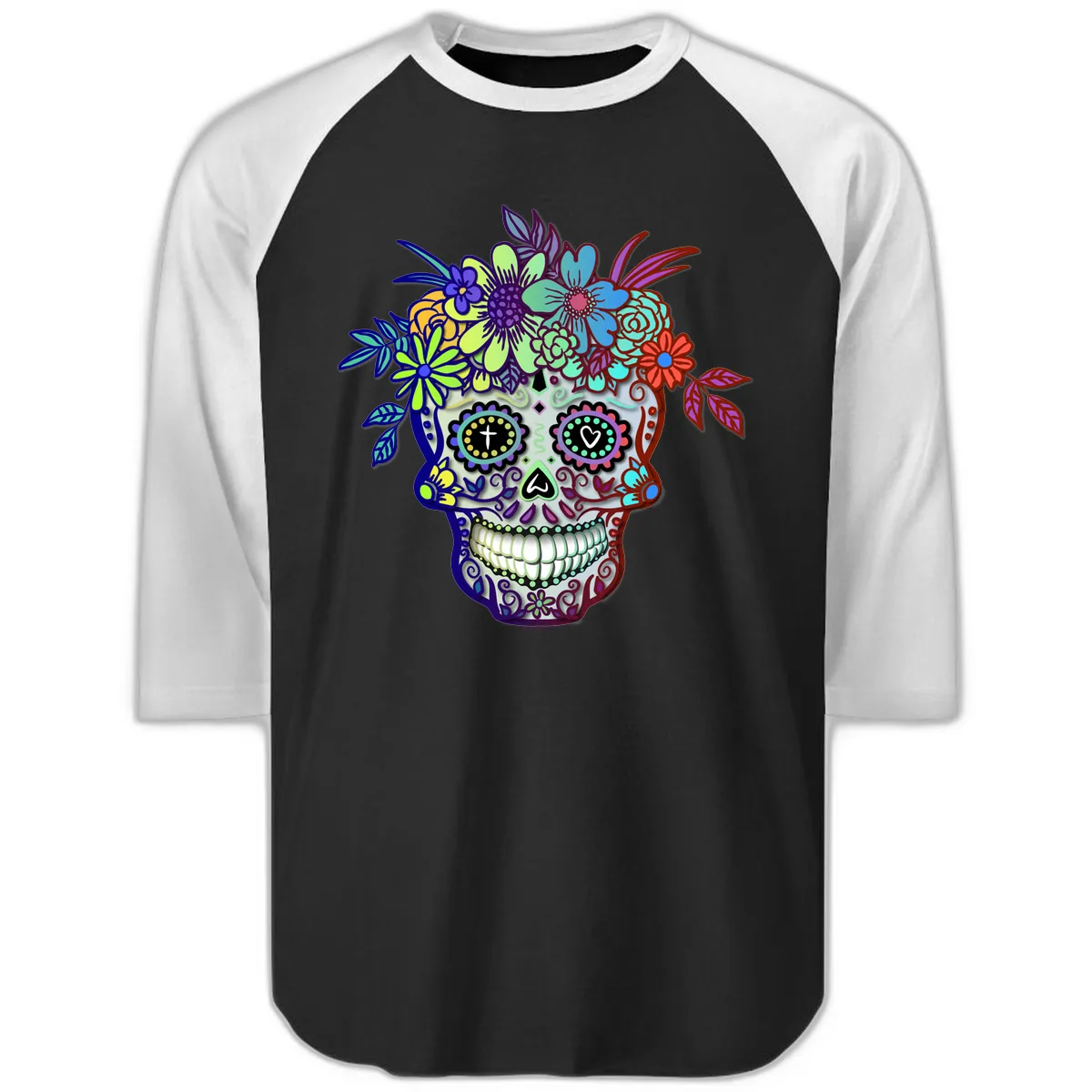 Vibrant Floral Crown Calavera Sugar Skull Raglan 3/4 in Black White
