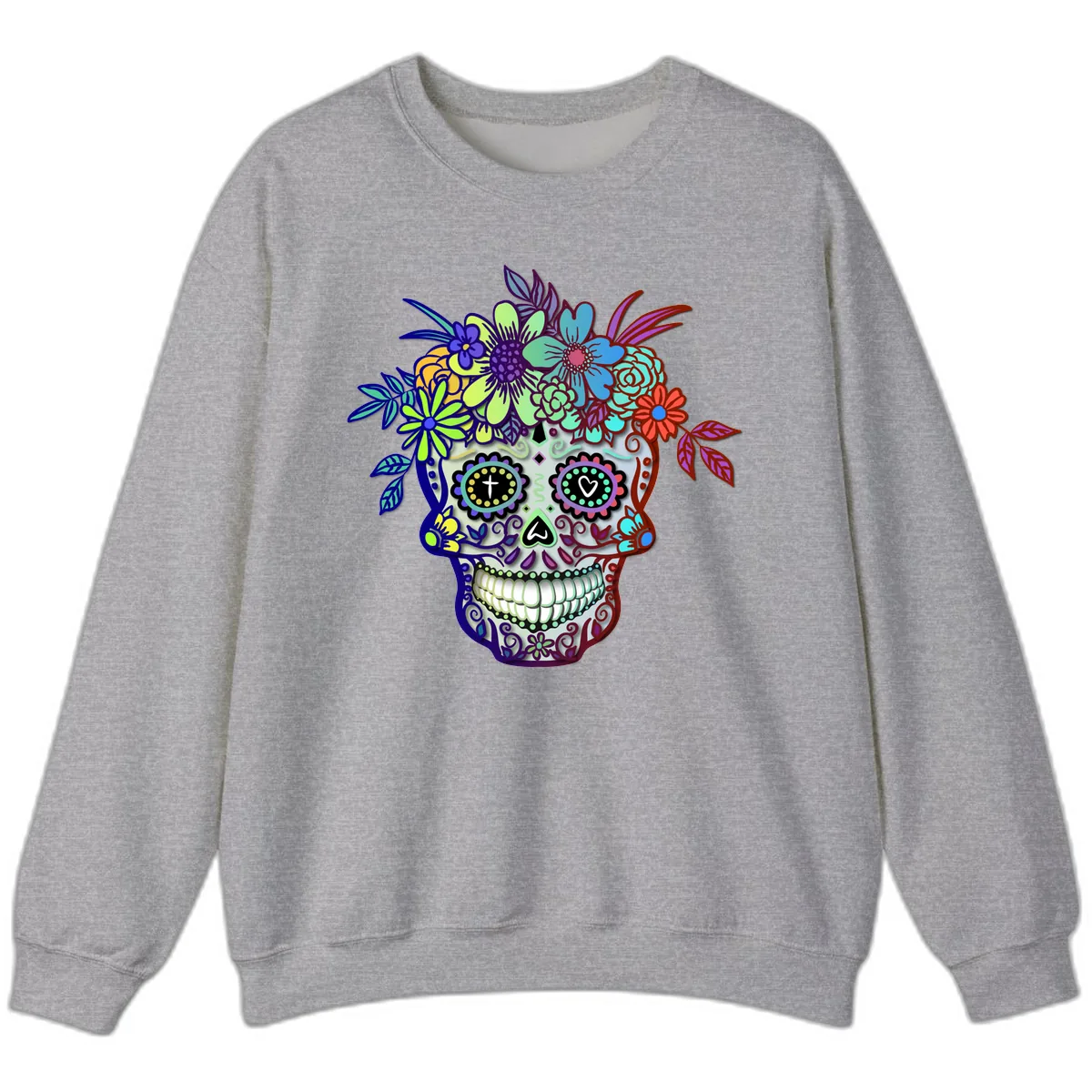 Vibrant Floral Crown Calavera Sugar Skull Sweatshirt in Sport Grey