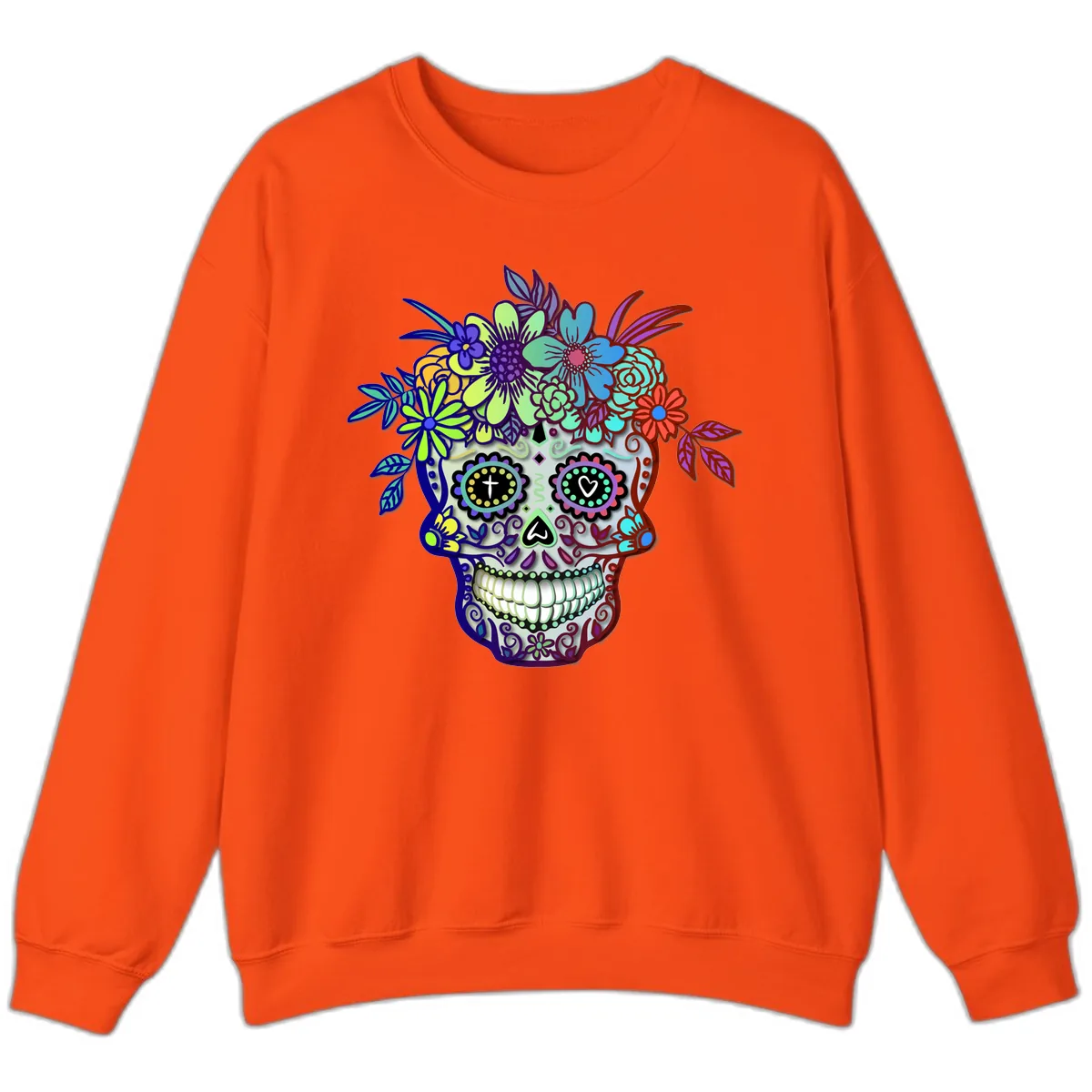 Vibrant Floral Crown Calavera Sugar Skull Sweatshirt in Orange