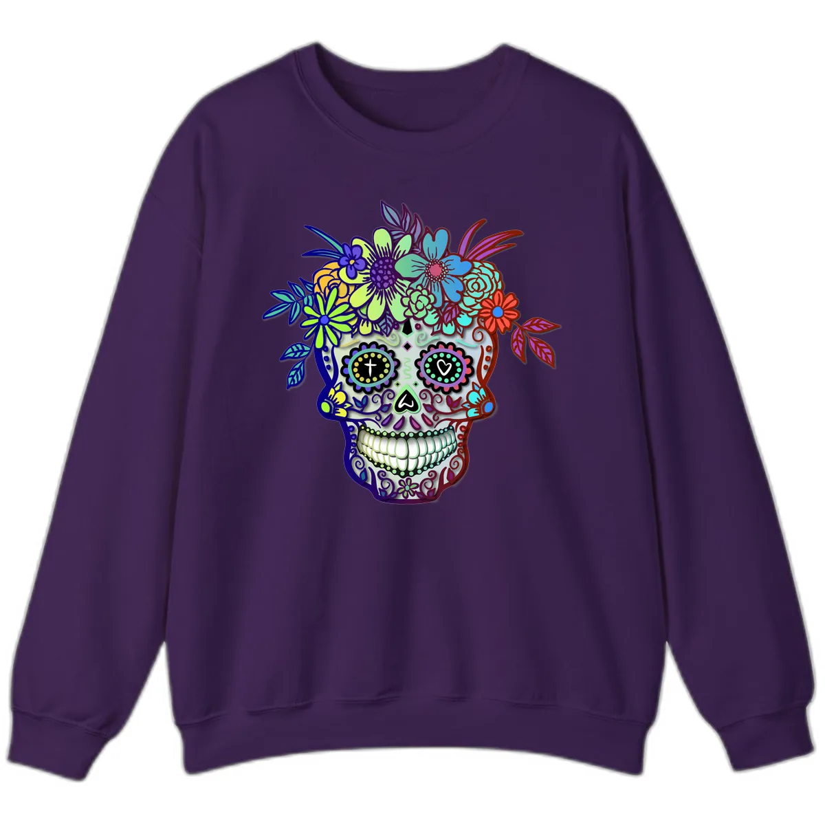 Vibrant Floral Crown Calavera Sugar Skull Sweatshirt in Purple