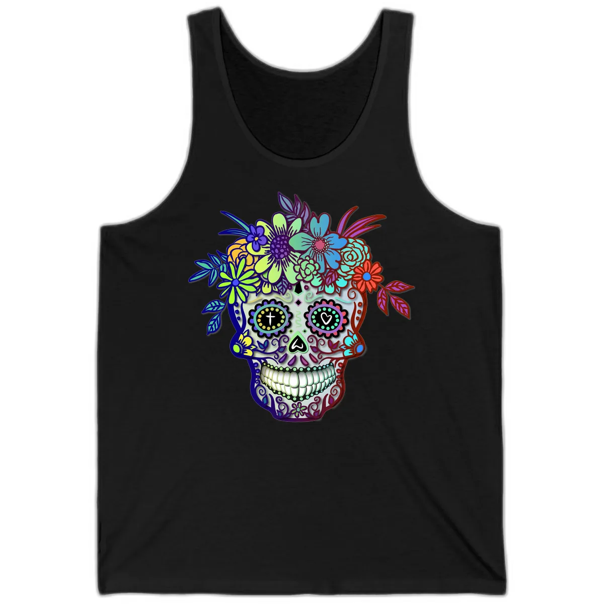 Vibrant Floral Crown Calavera Sugar Skull Tank in Black