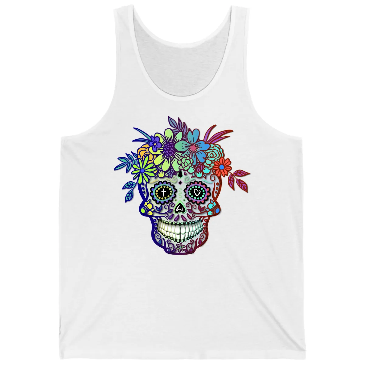 Vibrant Floral Crown Calavera Sugar Skull Tank in White