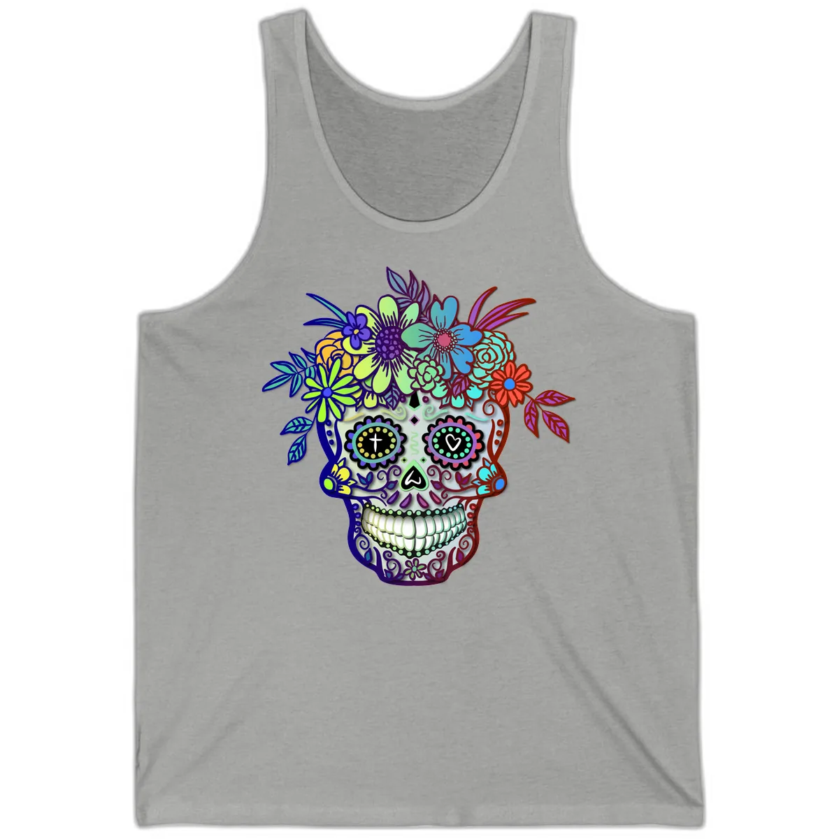 Vibrant Floral Crown Calavera Sugar Skull Tank in Athletic Heather