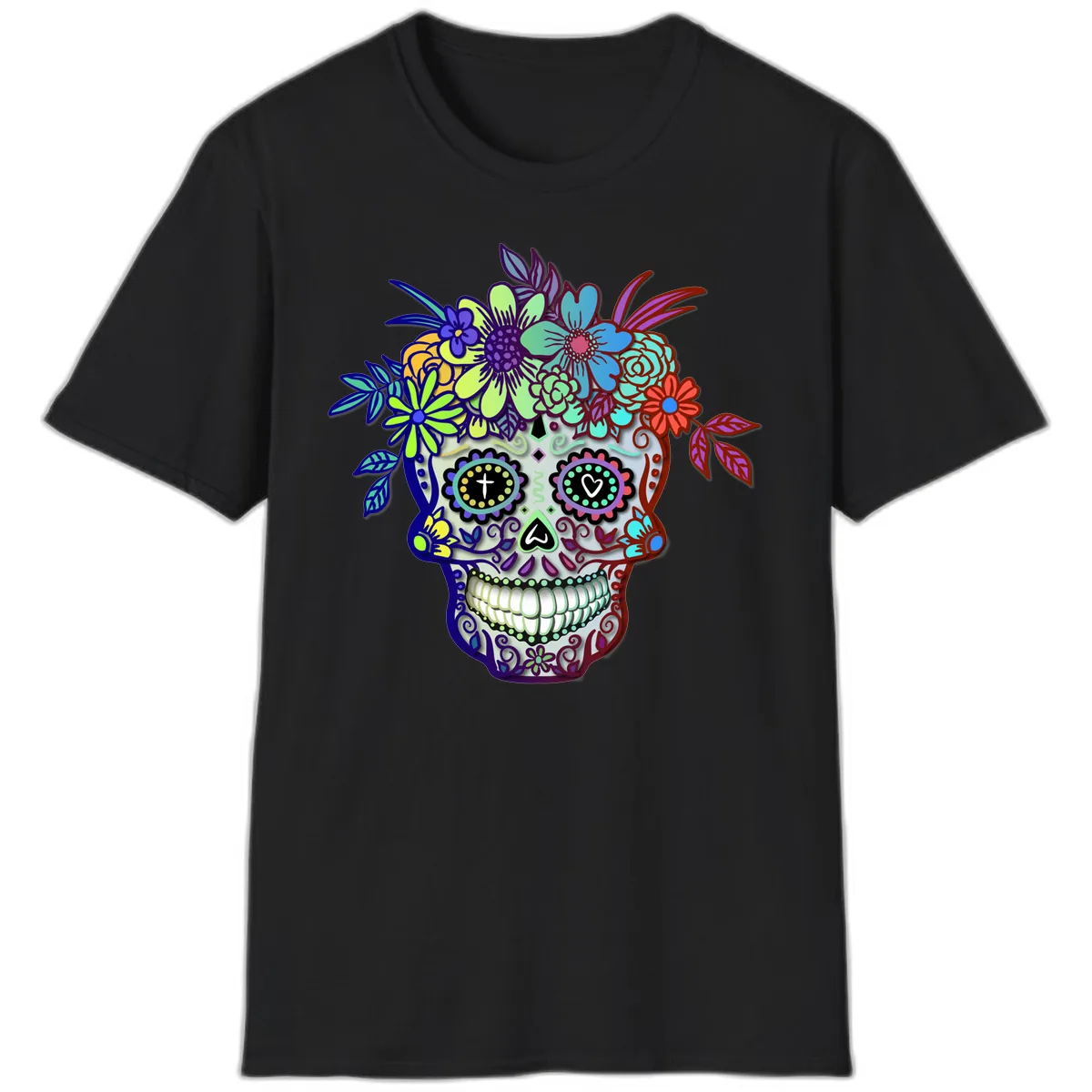 Vibrant Floral Crown Calavera Sugar Skull T-Shirt in Black