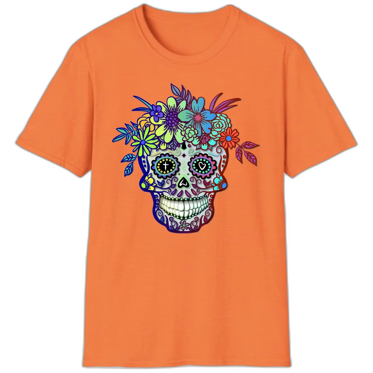 Vibrant Floral Crown Calavera Sugar Skull T-Shirt in Heather Orange