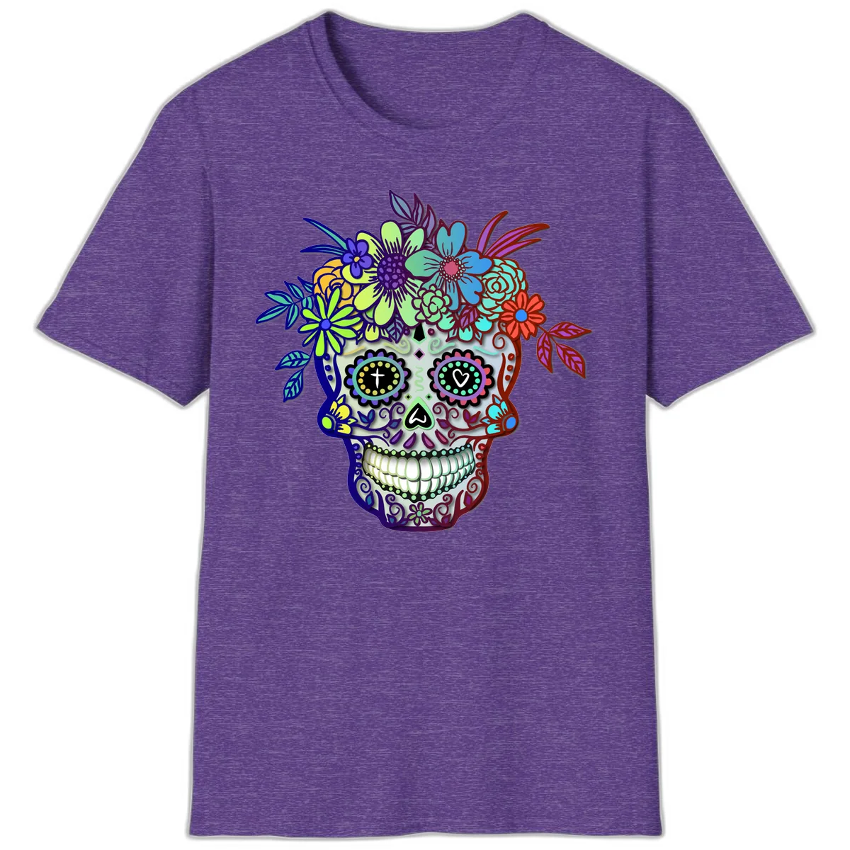 Vibrant Floral Crown Calavera Sugar Skull T-Shirt in Heather Purple