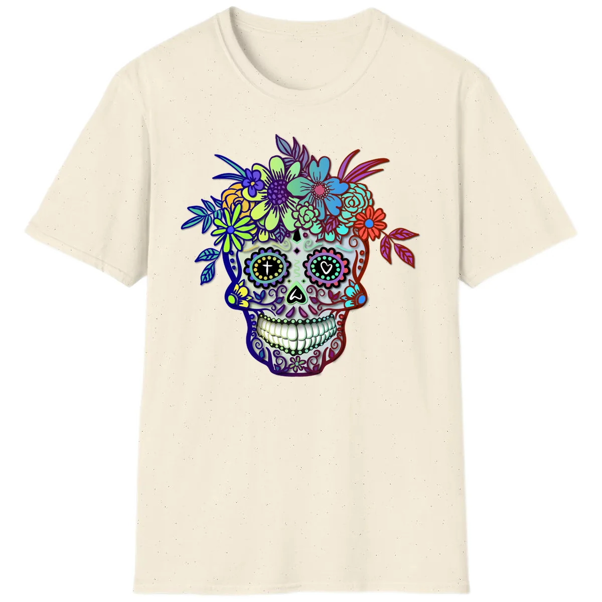 Vibrant Floral Crown Calavera Sugar Skull T-Shirt in Natural