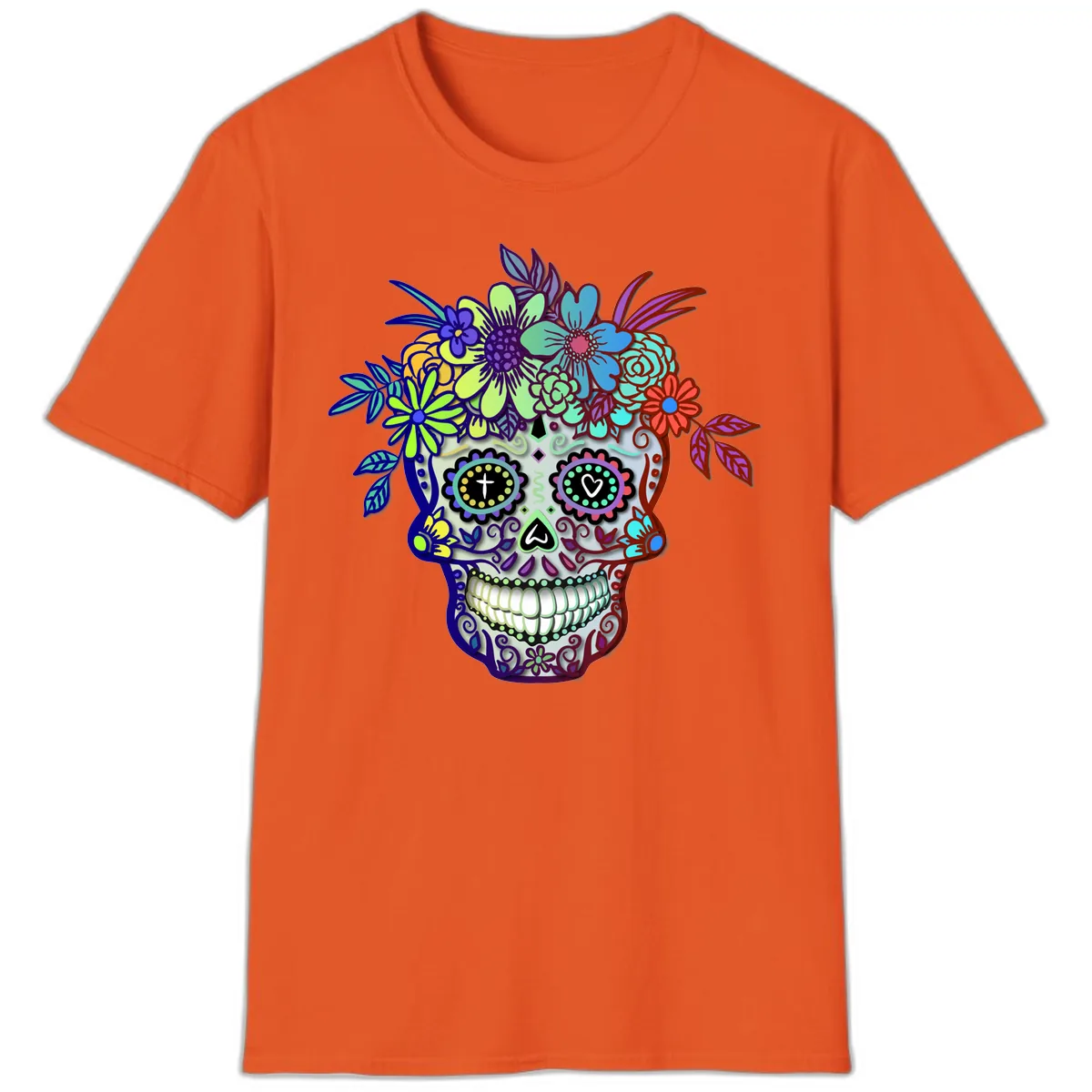 Vibrant Floral Crown Calavera Sugar Skull T-Shirt in Orange