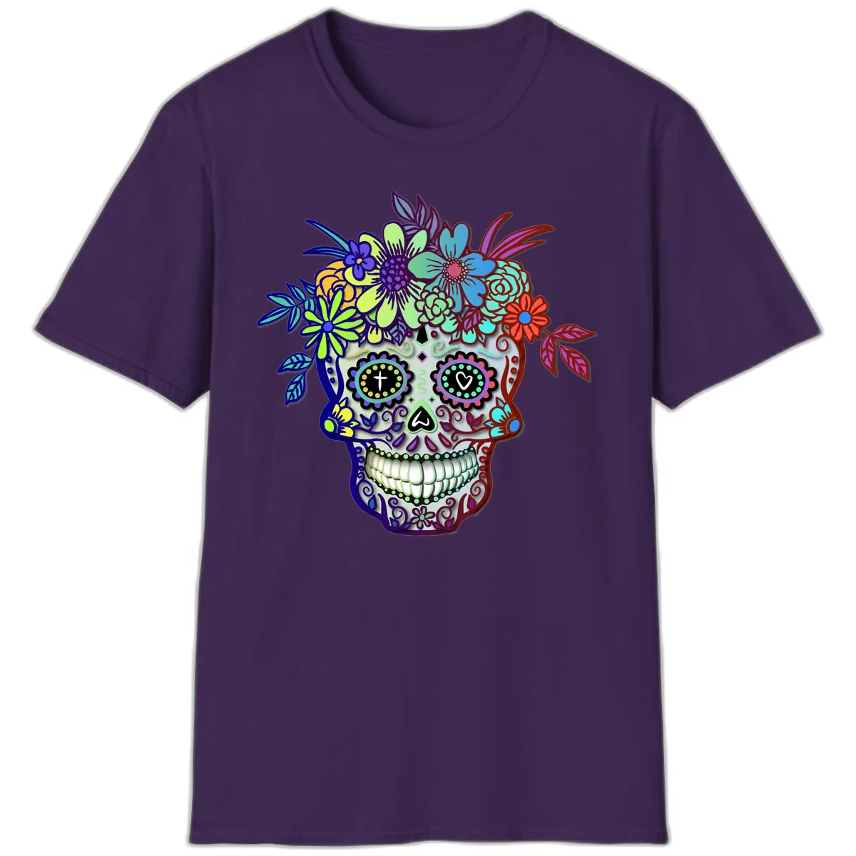 Vibrant Floral Crown Calavera Sugar Skull T-Shirt in Purple