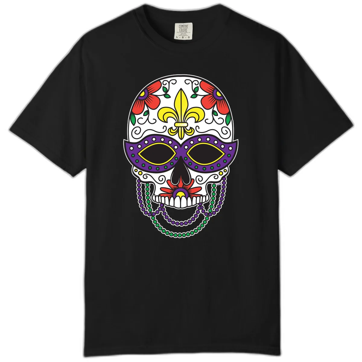 Mardi Gras Calavera Mask with Fleur-de-Lis and Beads Comfort Color in Black