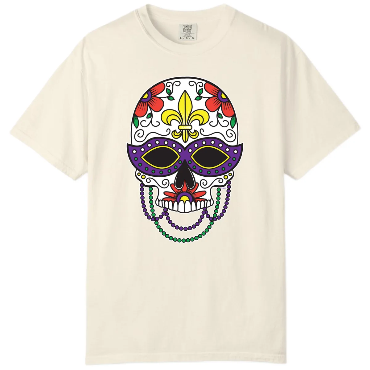 Mardi Gras Calavera Mask with Fleur-de-Lis and Beads Comfort Color in Ivory
