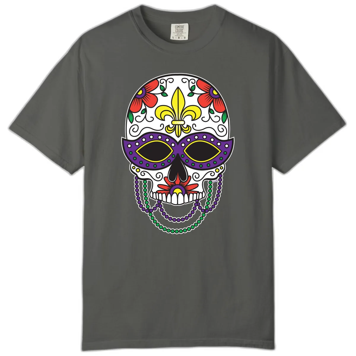 Mardi Gras Calavera Mask with Fleur-de-Lis and Beads Comfort Color in Pepper