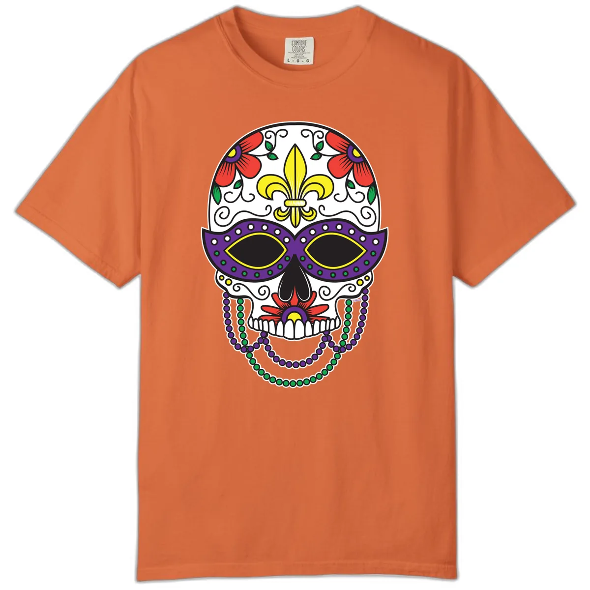 Mardi Gras Calavera Mask with Fleur-de-Lis and Beads Comfort Color in Burnt Orange