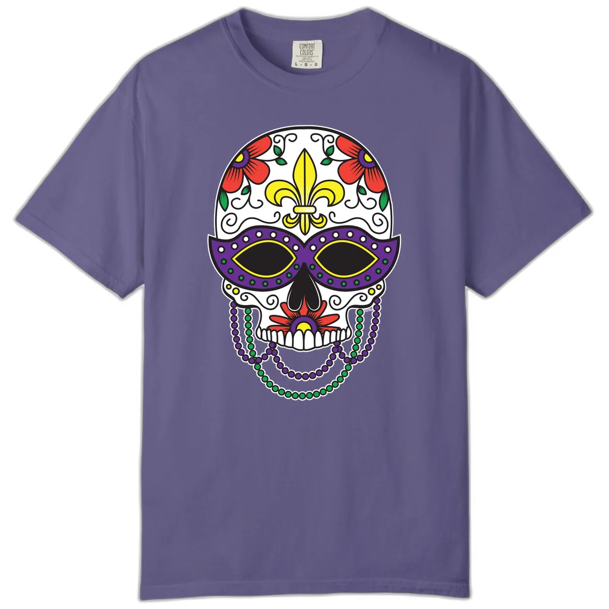 Mardi Gras Calavera Mask with Fleur-de-Lis and Beads Comfort Color in Grape