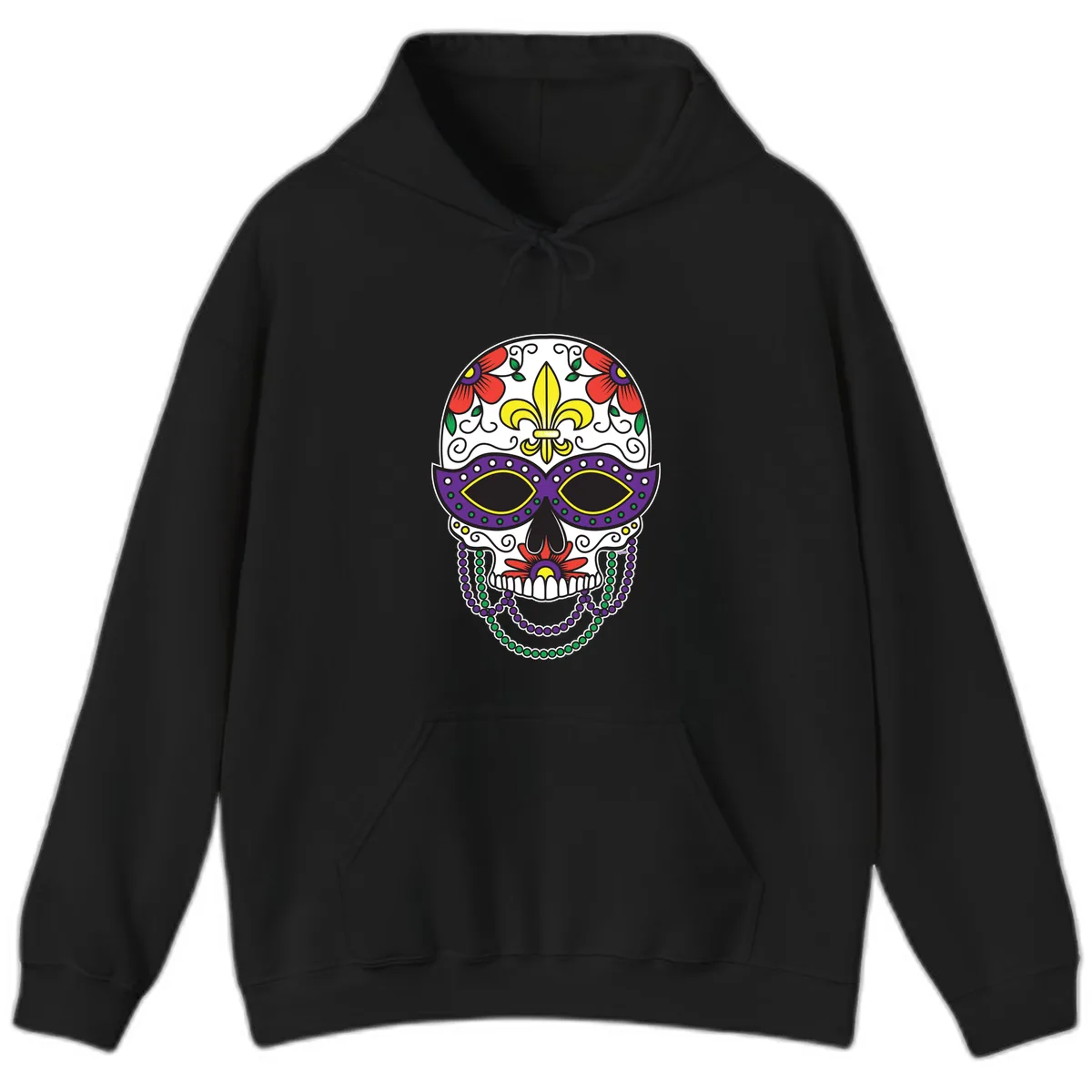 Mardi Gras Calavera Mask with Fleur-de-Lis and Beads Hoodie in Black