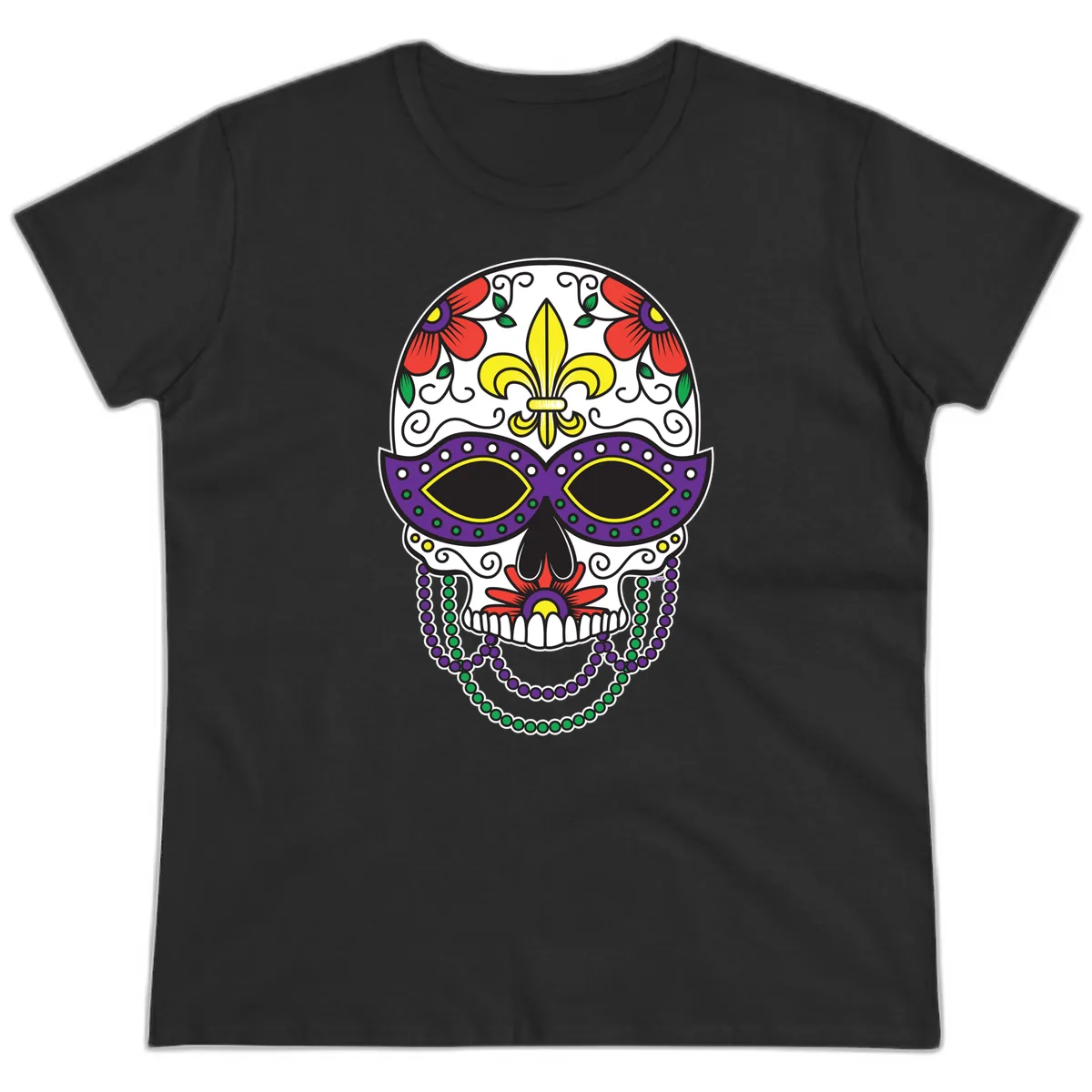 Mardi Gras Calavera Mask with Fleur-de-Lis and Beads Ladies Tee in Black