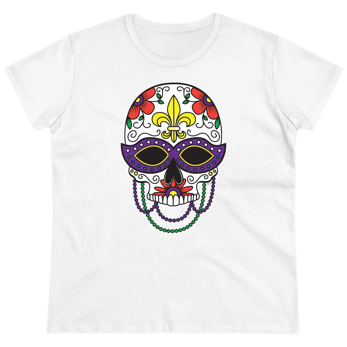 Mardi Gras Calavera Mask with Fleur-de-Lis and Beads Ladies Tee in White