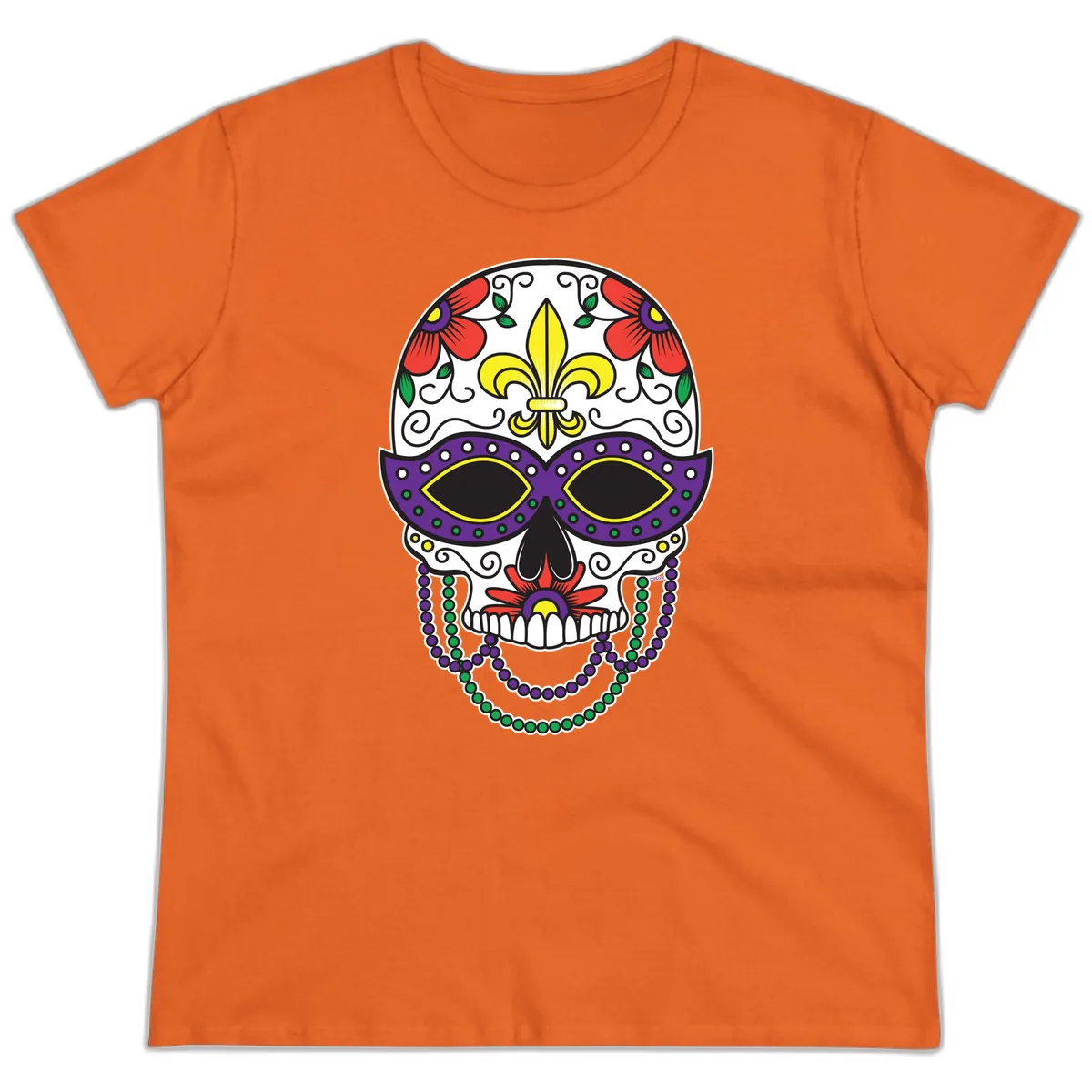 Mardi Gras Calavera Mask with Fleur-de-Lis and Beads Ladies Tee in Orange