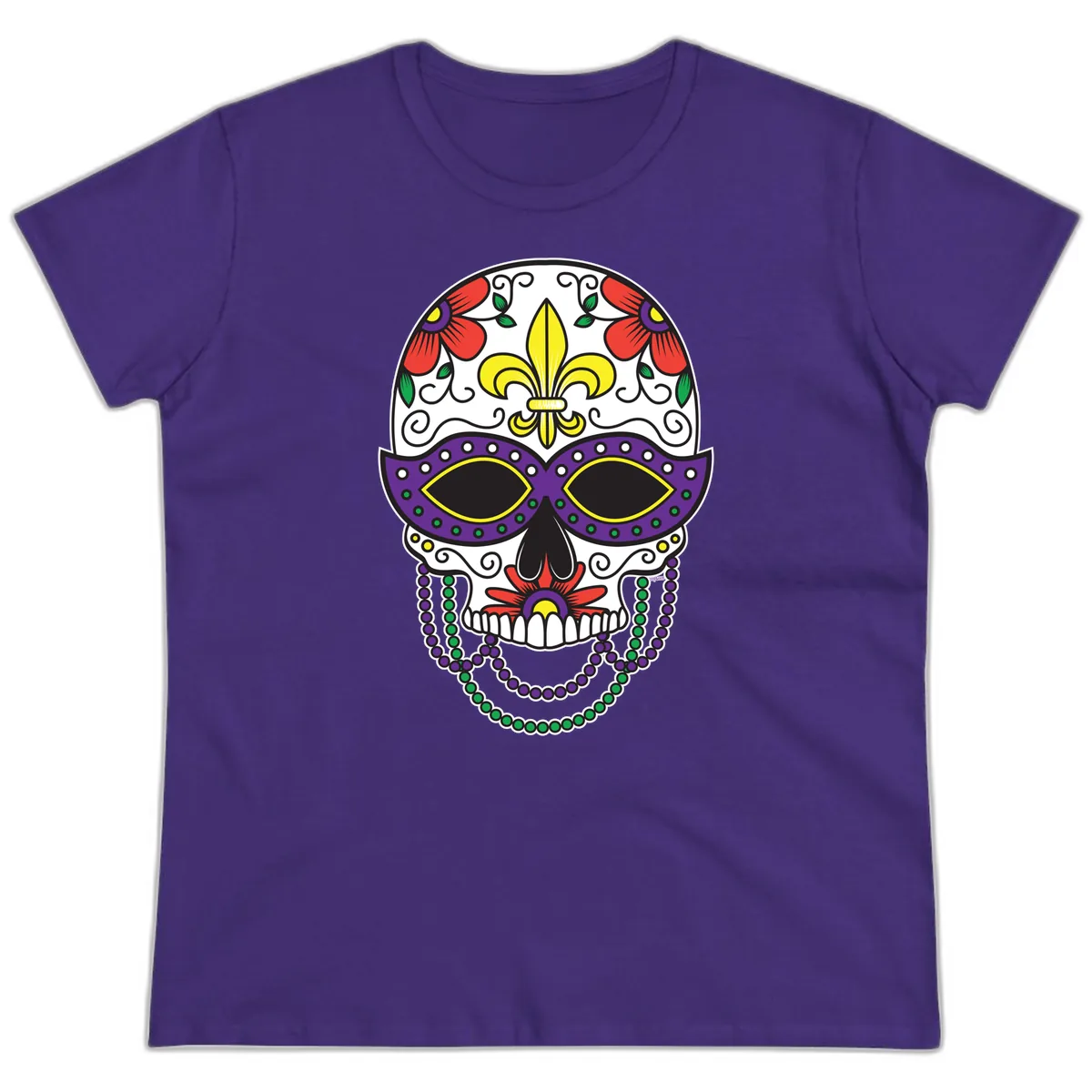 Mardi Gras Calavera Mask with Fleur-de-Lis and Beads Ladies Tee in Purple
