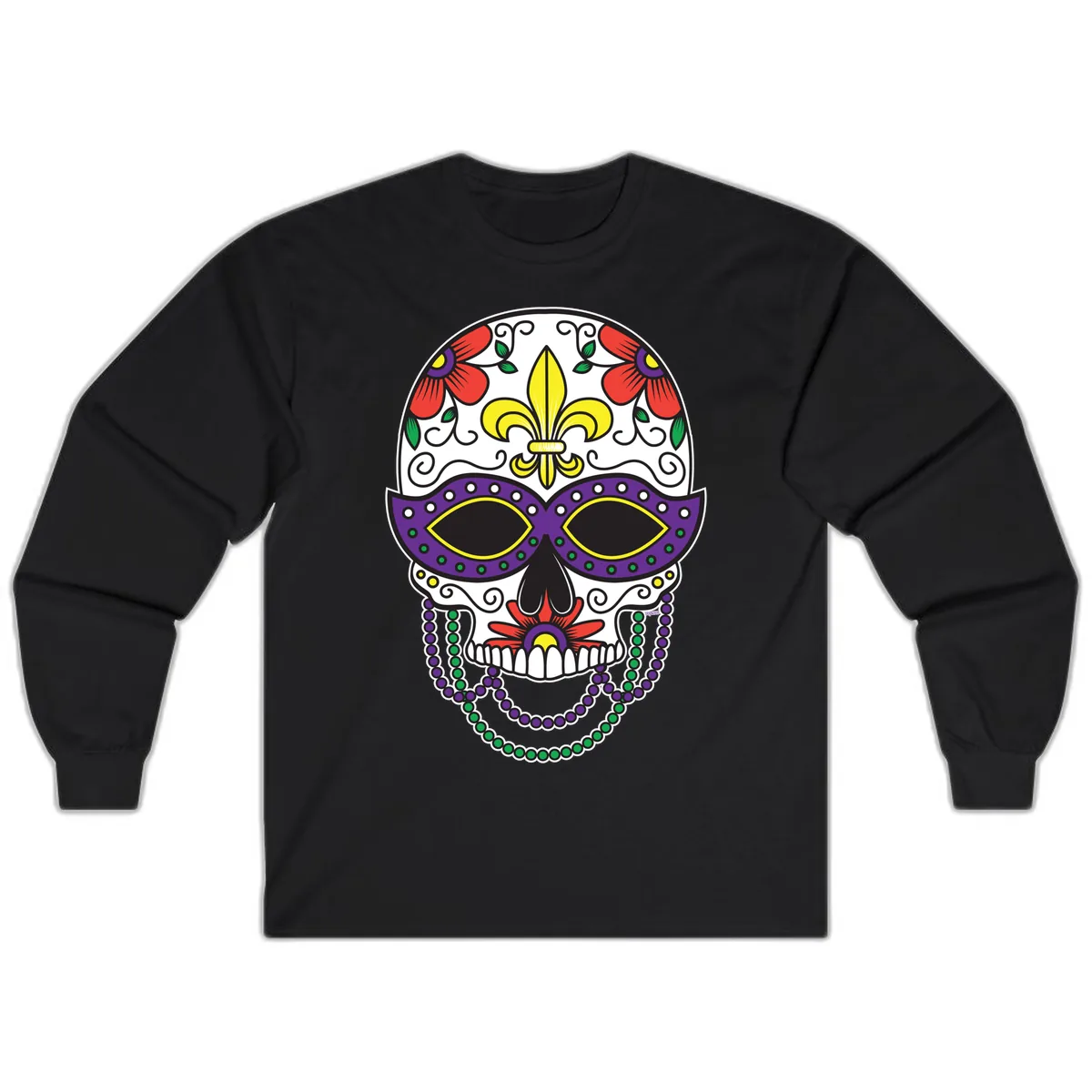Mardi Gras Calavera Mask with Fleur-de-Lis and Beads Long Sleeve in Black