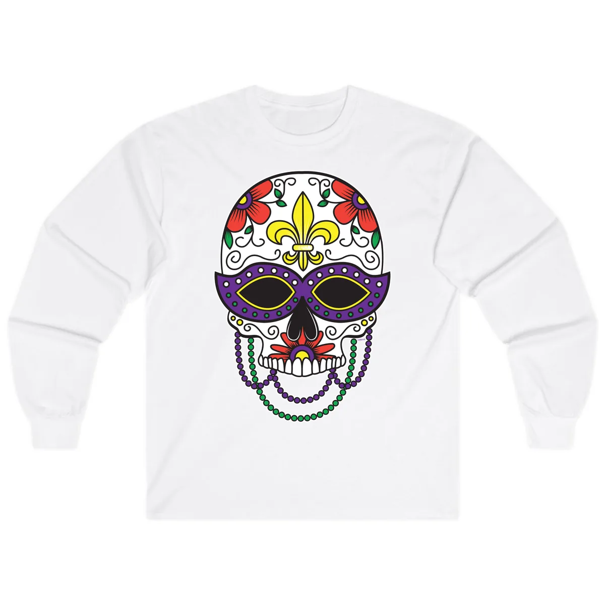 Mardi Gras Calavera Mask with Fleur-de-Lis and Beads Long Sleeve in White