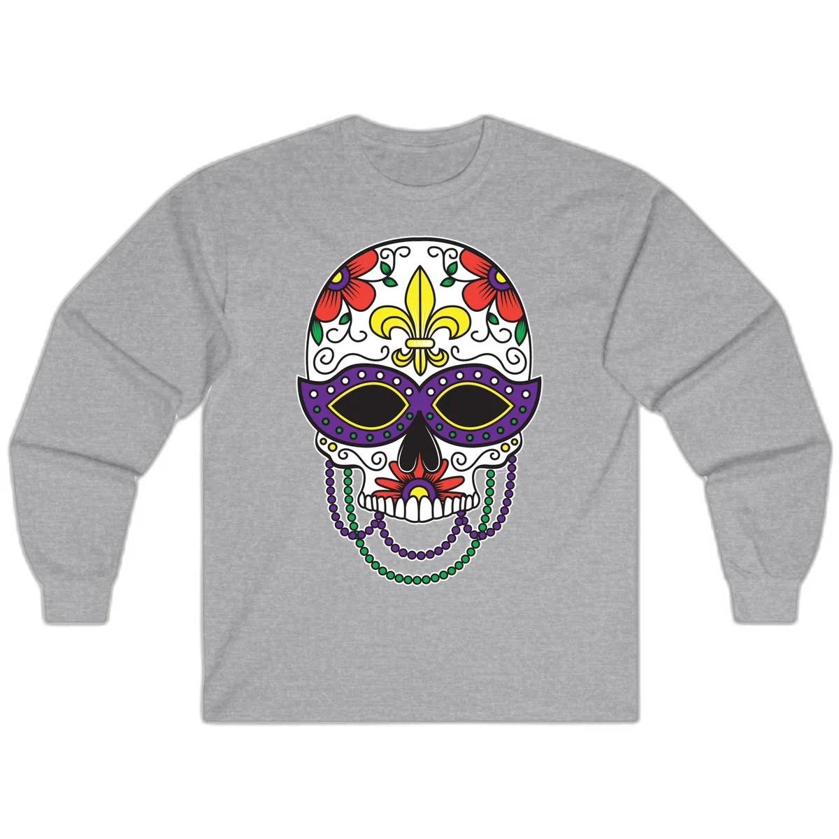 Mardi Gras Calavera Mask with Fleur-de-Lis and Beads Long Sleeve in Sport Grey