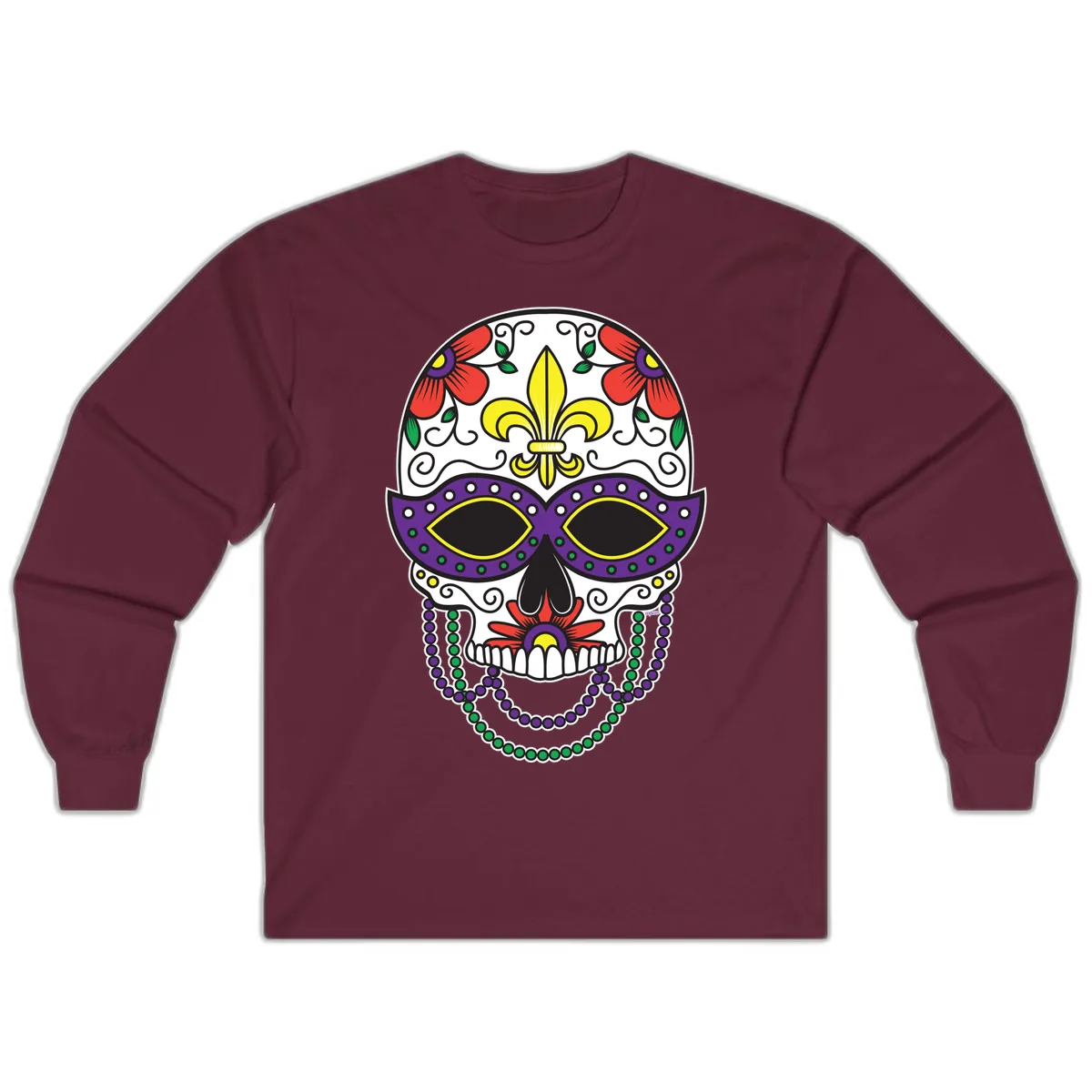 Mardi Gras Calavera Mask with Fleur-de-Lis and Beads Long Sleeve in Maroon