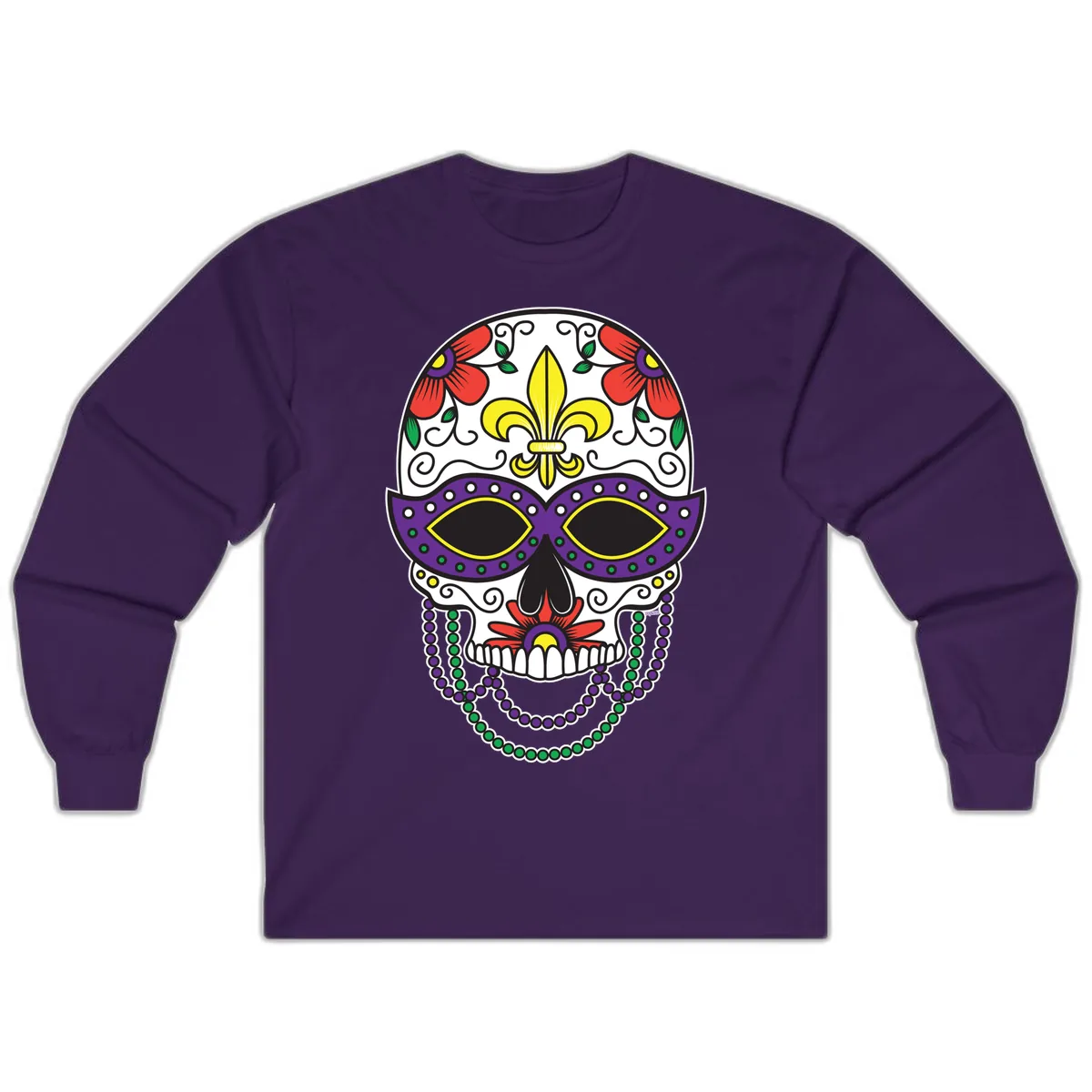 Mardi Gras Calavera Mask with Fleur-de-Lis and Beads Long Sleeve in Purple