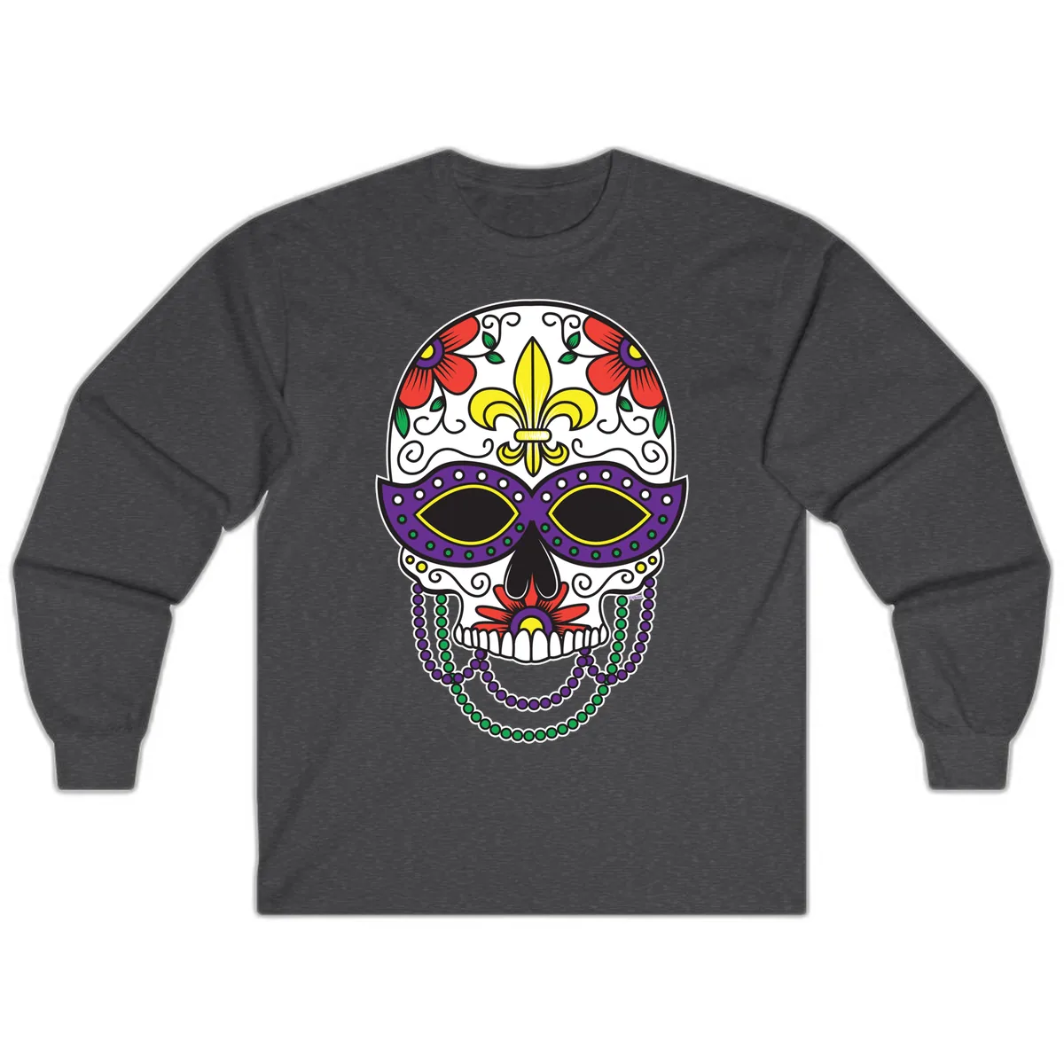 Mardi Gras Calavera Mask with Fleur-de-Lis and Beads Long Sleeve in Dark Heather
