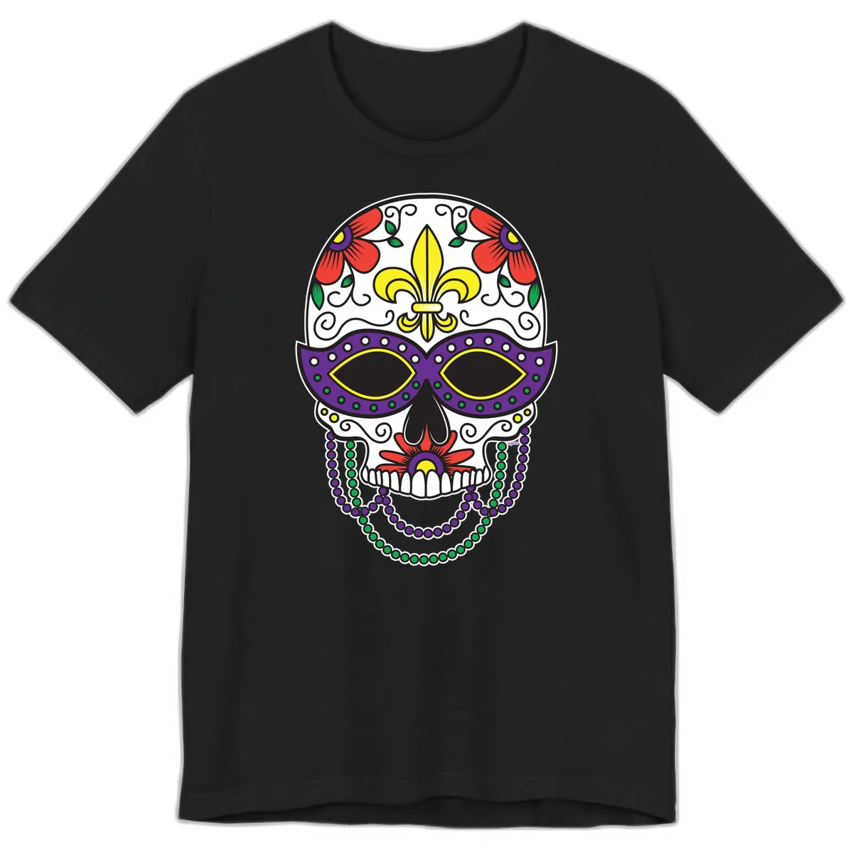 Mardi Gras Calavera Mask with Fleur-de-Lis and Beads Premium T-Shirt in Black