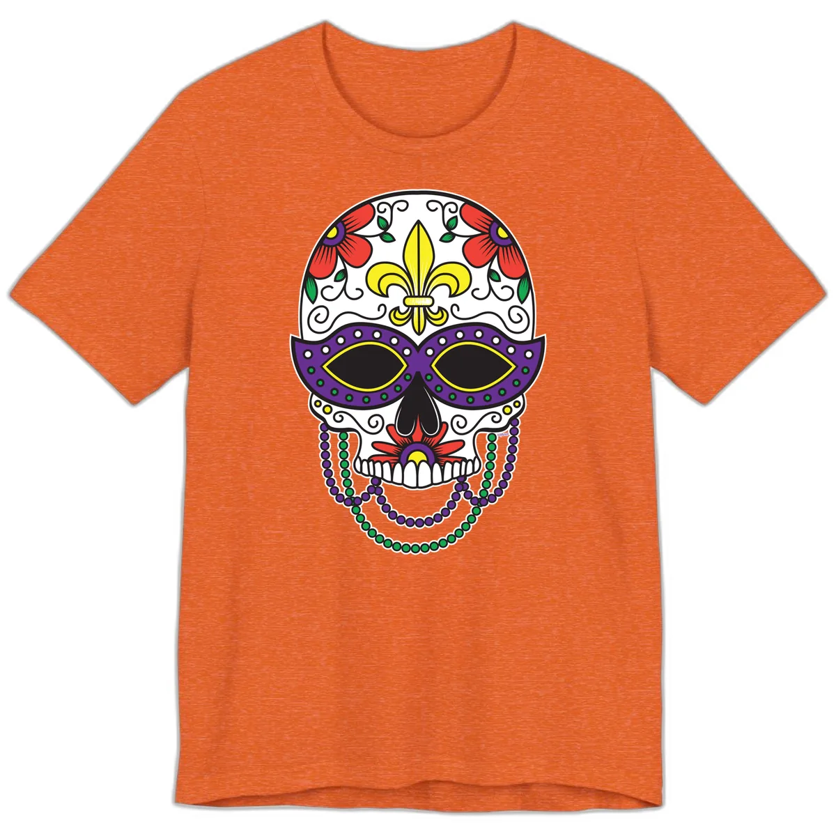 Mardi Gras Calavera Mask with Fleur-de-Lis and Beads Premium T-Shirt in Heather Orange
