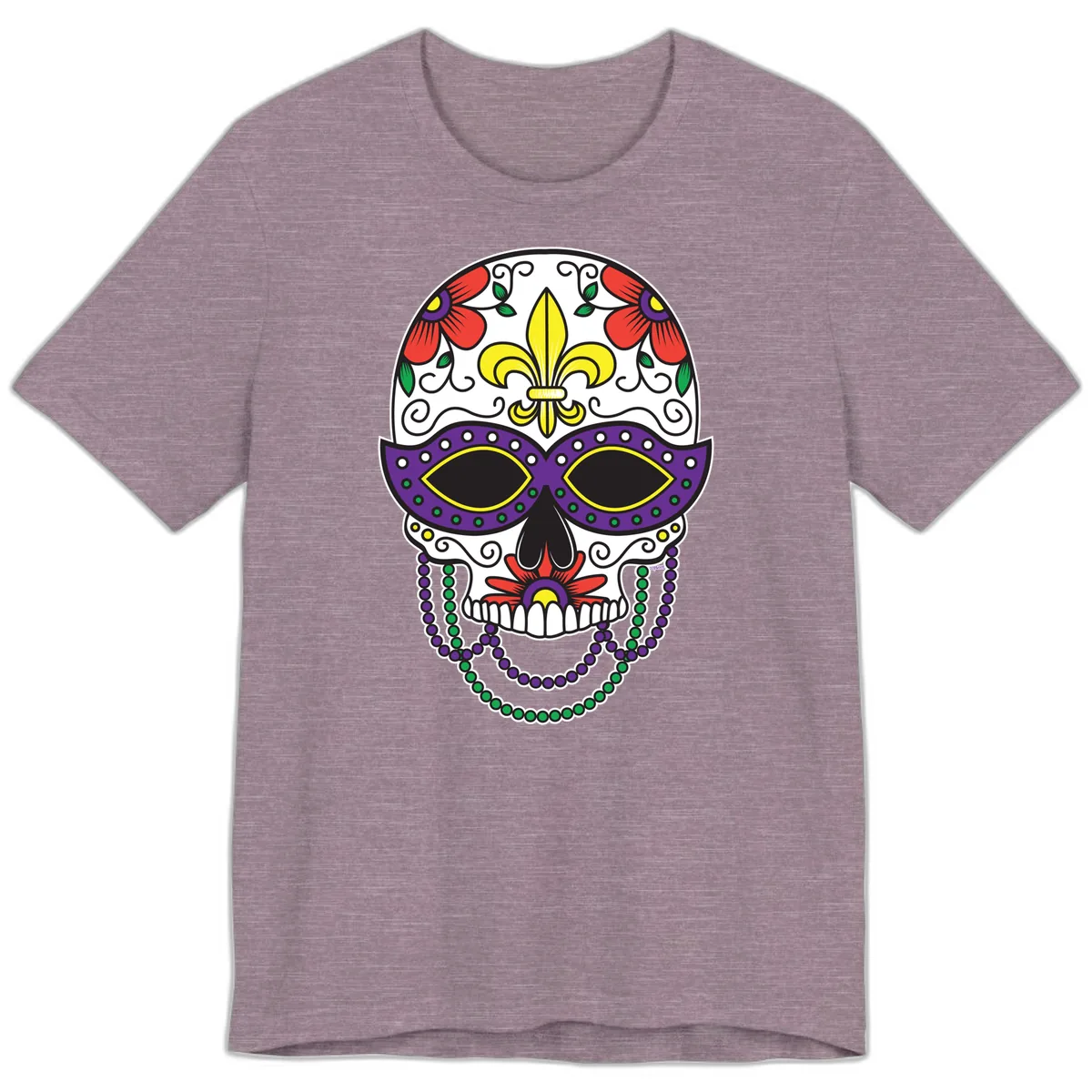 Mardi Gras Calavera Mask with Fleur-de-Lis and Beads Premium T-Shirt in Heather Purple
